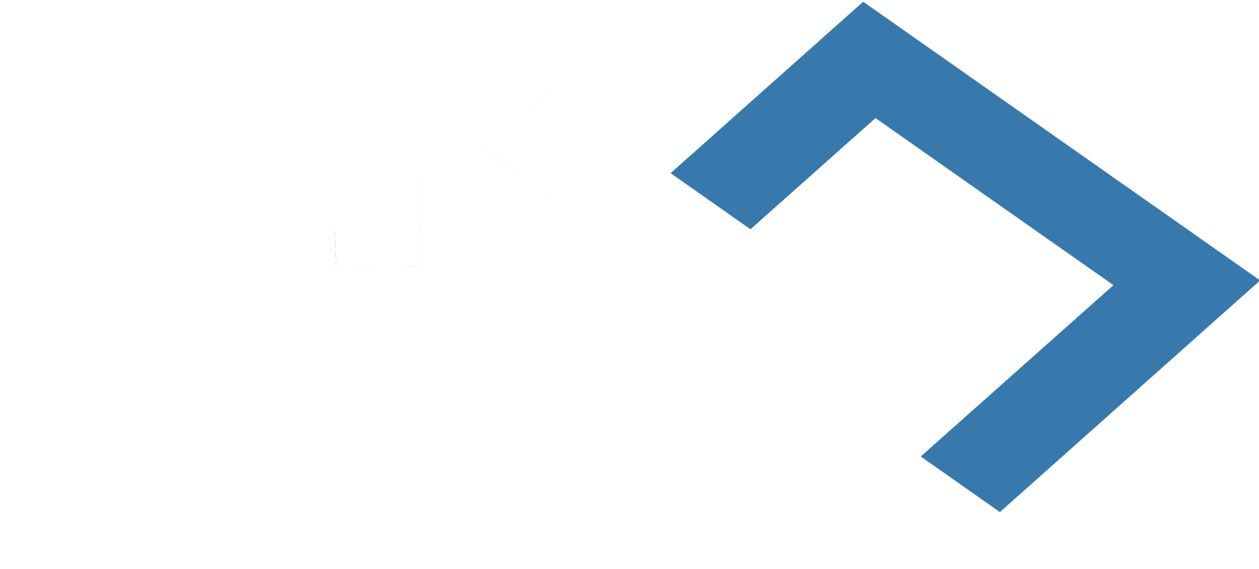 An abstract geometric logo with interconnected blue and white shapes forming a stylized letter 'M' or 'W'