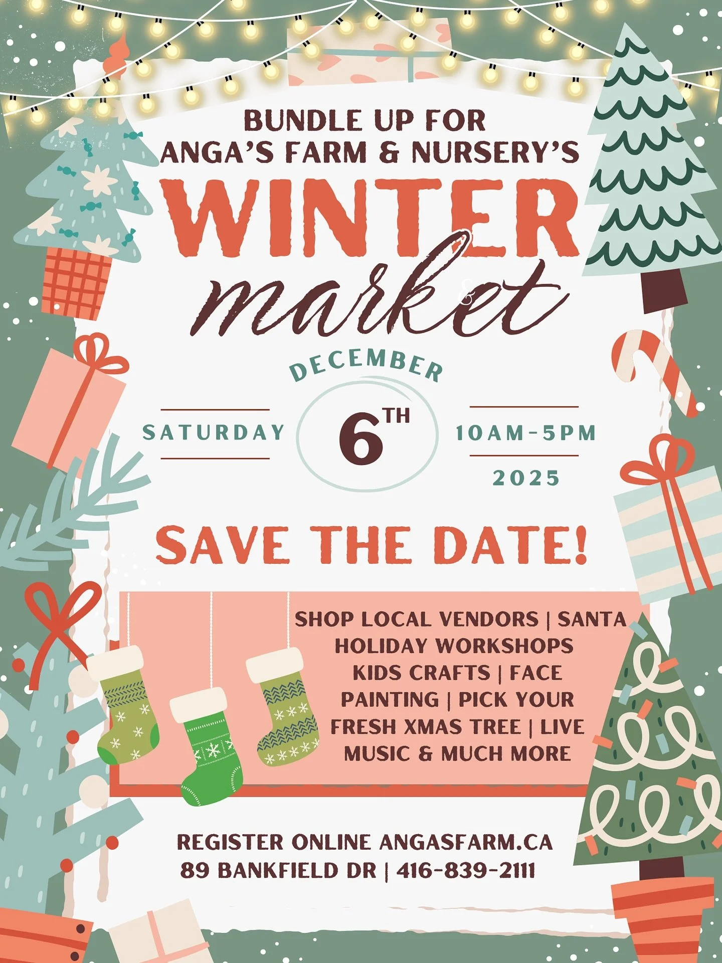 🎄Bundle up for Angas Farm and Nursery’s Winter Market! ✨
Save the date - Saturday, December 6th from 10am to 5pm!
Join us for a cozy and festive day filled with local vendors, live music, Santa Claus, holiday workshops for kids and adults, cr