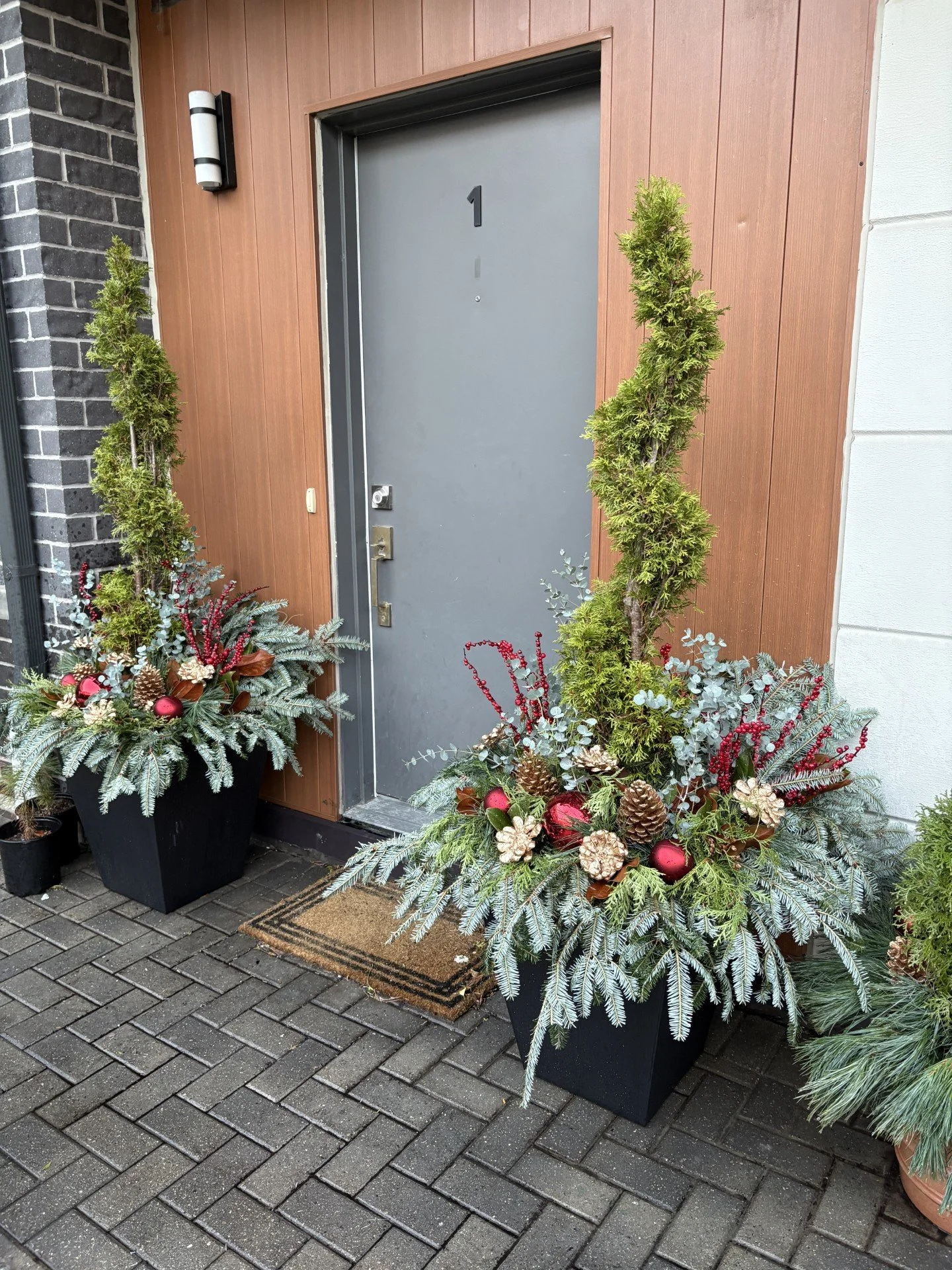 Entryway decorated with evergreen plants, pinecones, red ornaments, and berries, in black planters.