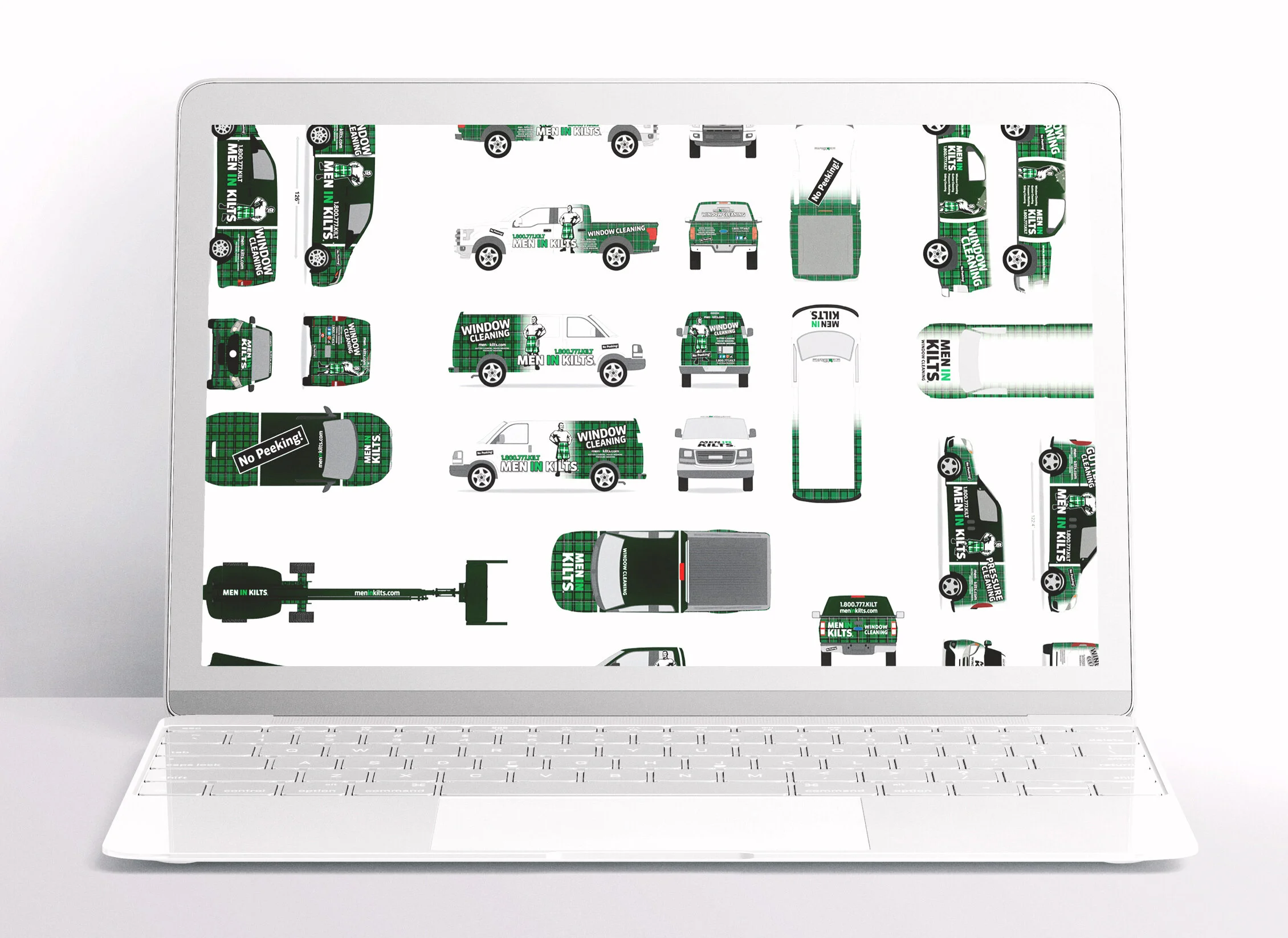 Laptop screen with images of vehicle wraps