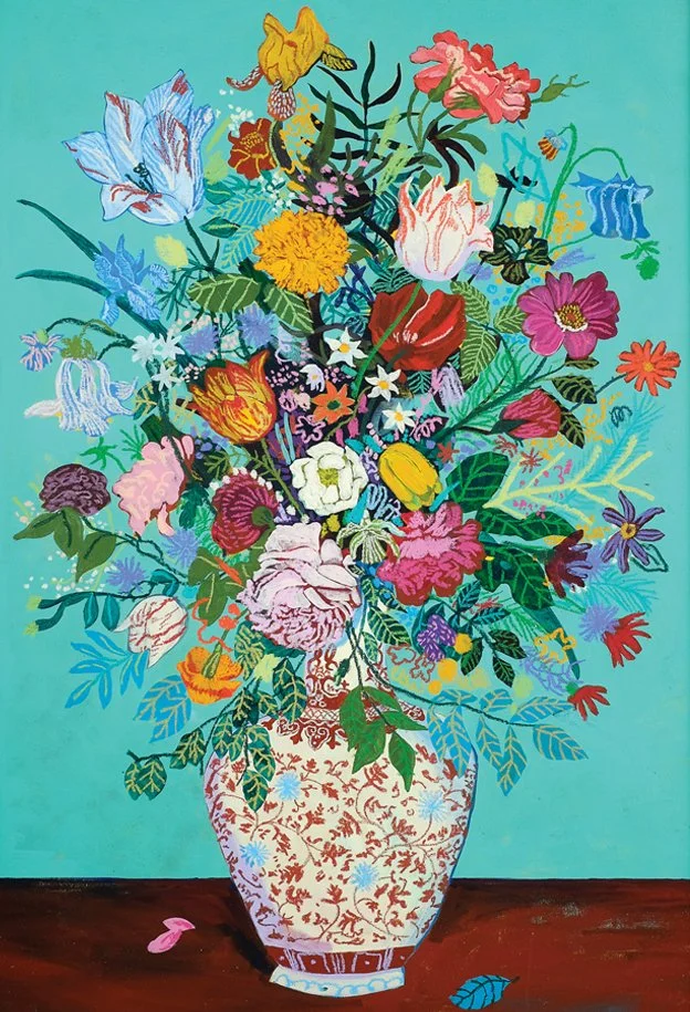 Andy Dixon - Teal Bouquet Acrylic and Oil Pastel on Canvas. 33"x52" 2014