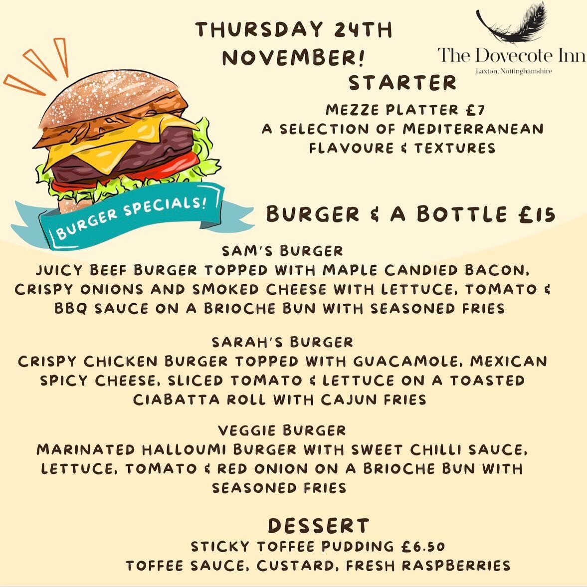 Burger Night specials this Thursday - Sam in the kitchen this week too with Head Chef Les on annual leave for a week! 🍔 

Join us on Thursday night and make the most of our Burger &amp; Bottle offer &pound;15 for your burger of choice and a bottle o