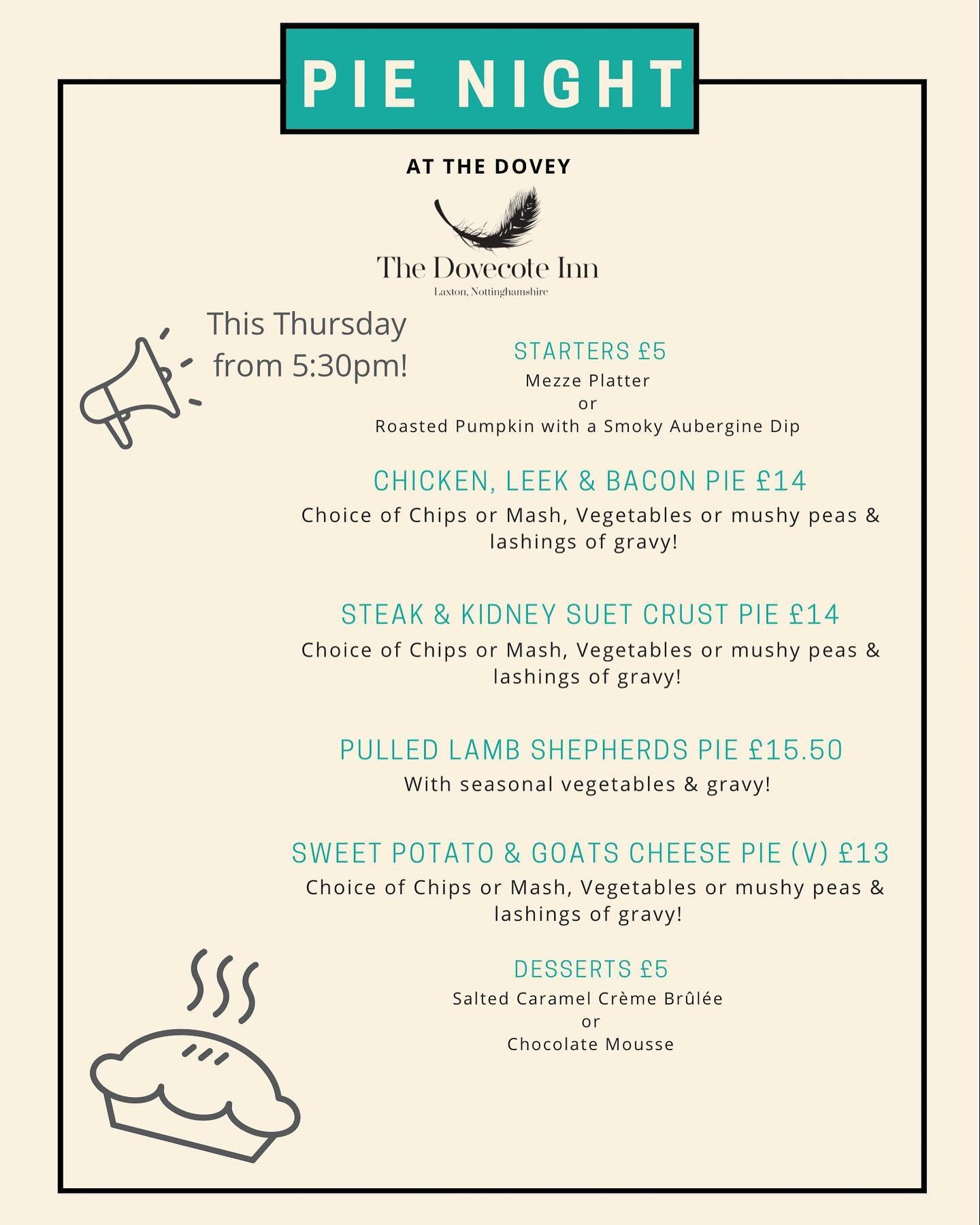 Pie Night is this Thursday evening from 5:30pm! Book your table and join us for one of our famous homemade pies 🥧😛😆