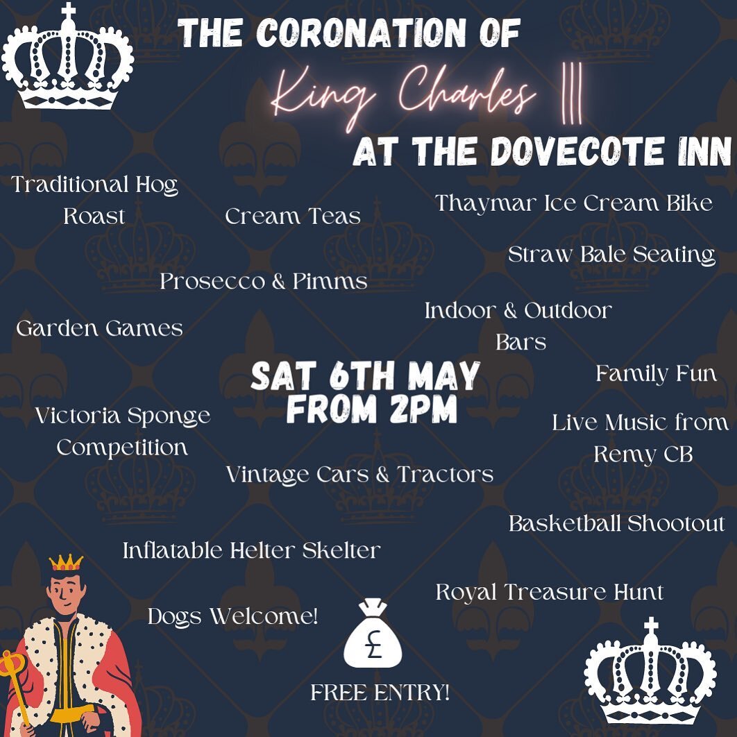 Join us on Saturday 6th May aka Coronation Day from 2pm!! An afternoon and evening full of Family Fun, Cream Teas, Hog Roast Sandwiches, Victoria Sponge Judging (for us 🤪) Booze &amp; Live Music from @remycbmusic ! Looking forward to seeing you all 