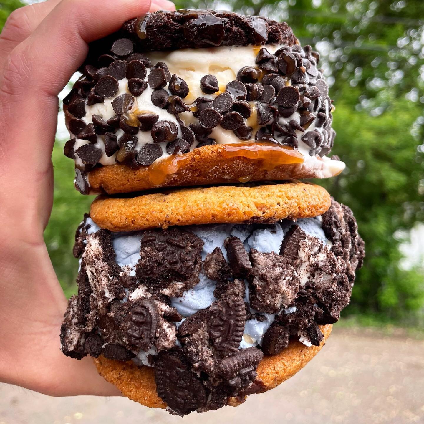 What&rsquo;s better than an ice cream cookie sandwich? Two ice cream cookie sandwiches! #nelliesicecream  Top 📷 : chocolate chocolate chip cookie on the top, maple bacon 🥓 ice cream rolled in mini chocolate chips with a chocolate chip cookie on the