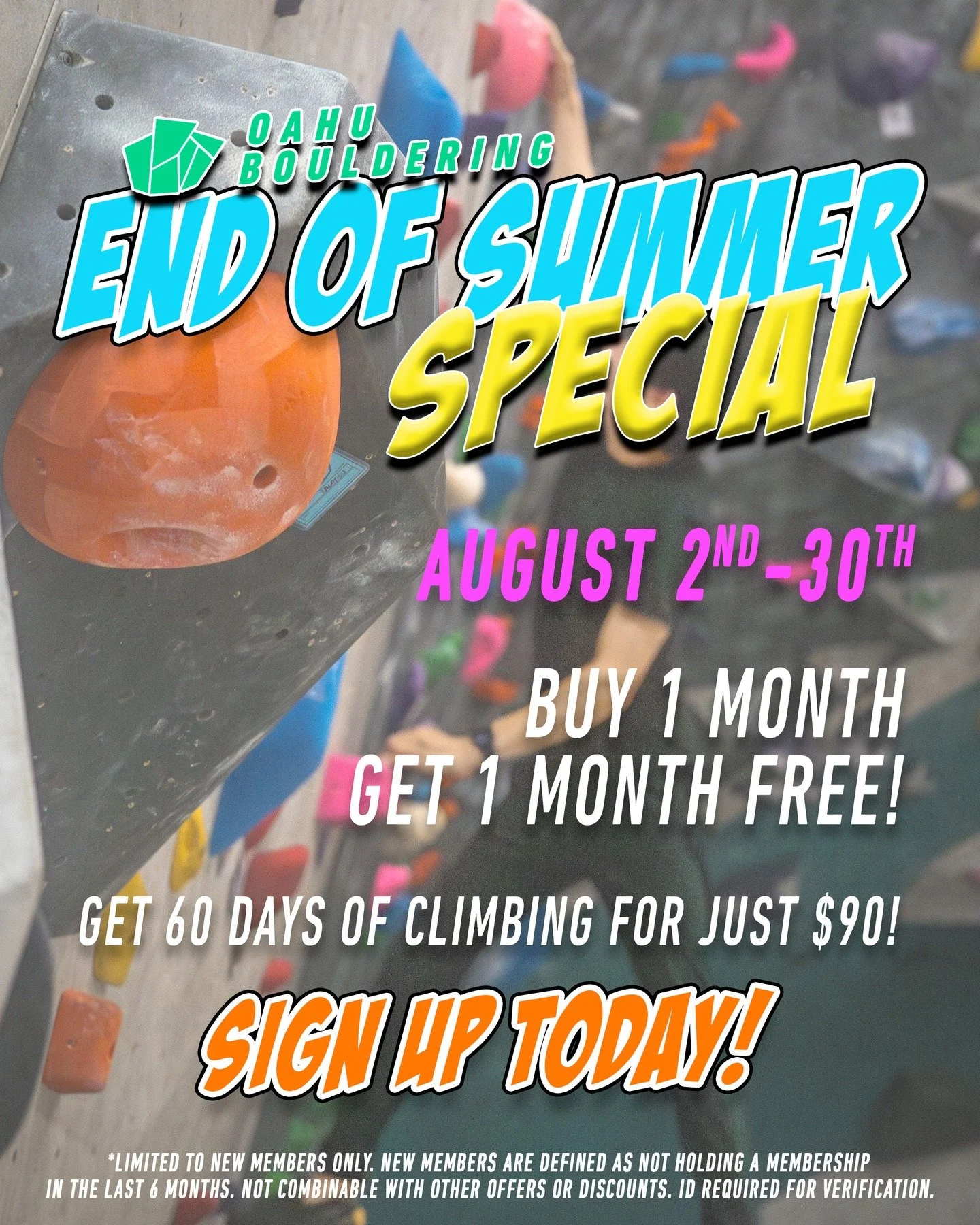Summer might be ending, but our stoke isn&rsquo;t! Get climbing today with our craziest deal yet: Buy a month membership and get an additional month free! 

Some terms and conditions apply. Ask our super duper helpful staff for help and they will get