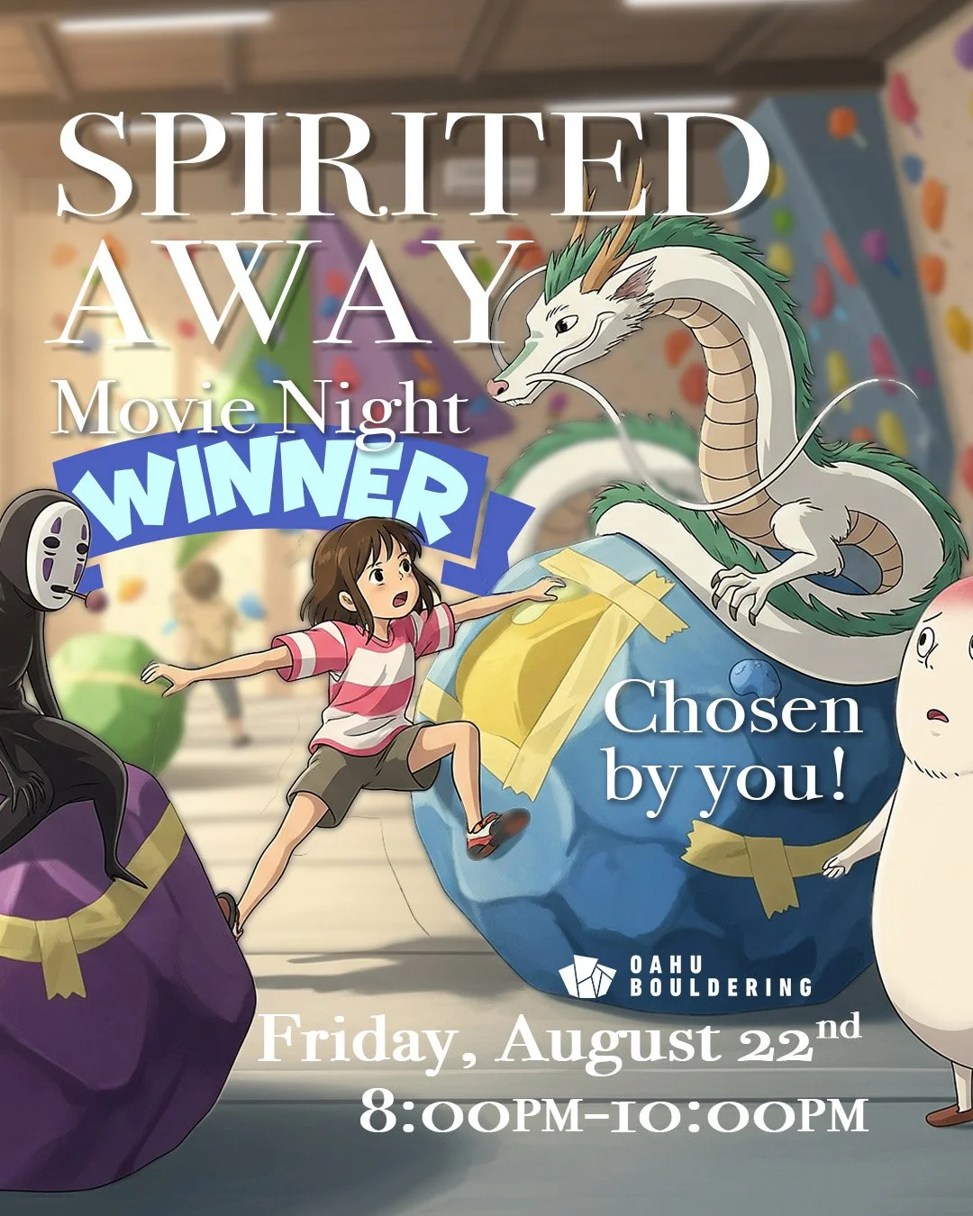 The winner of the Great Summer Movie Poll 2025 is: Spirited Away! You voted, and after 63(?)* other choices, here is your winner!

Join us next Friday, August 22nd, 8pm-10pm, for a chill movie night. Movie will start after the conclusion of Chris&rsq