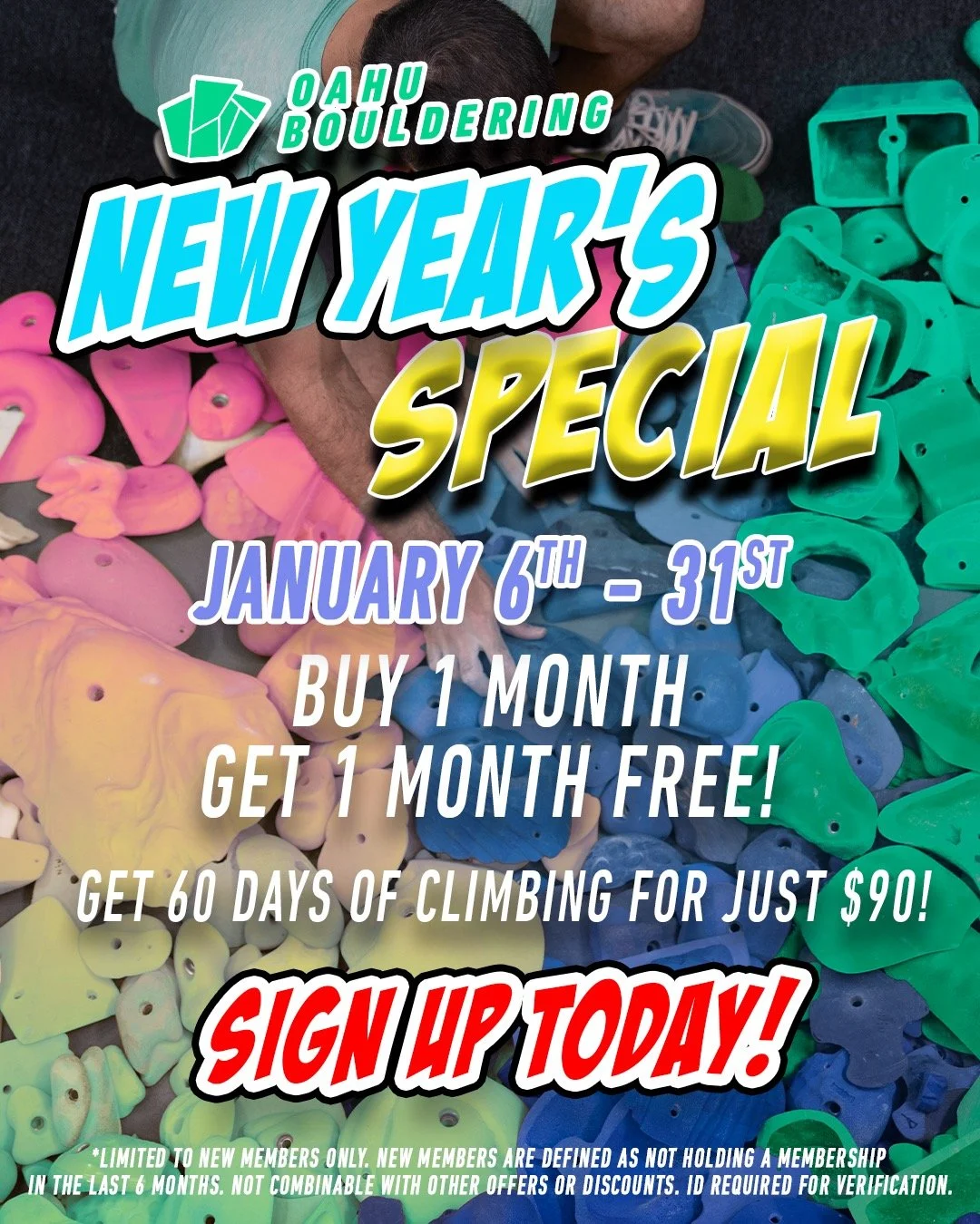 Get climbing today with our craziest deal yet: Buy a month membership and get an additional month free! 

Some terms and conditions apply. Ask our super duper helpful staff for help and they will get you sorted.

#climbing #bouldering #obgym #oahubou