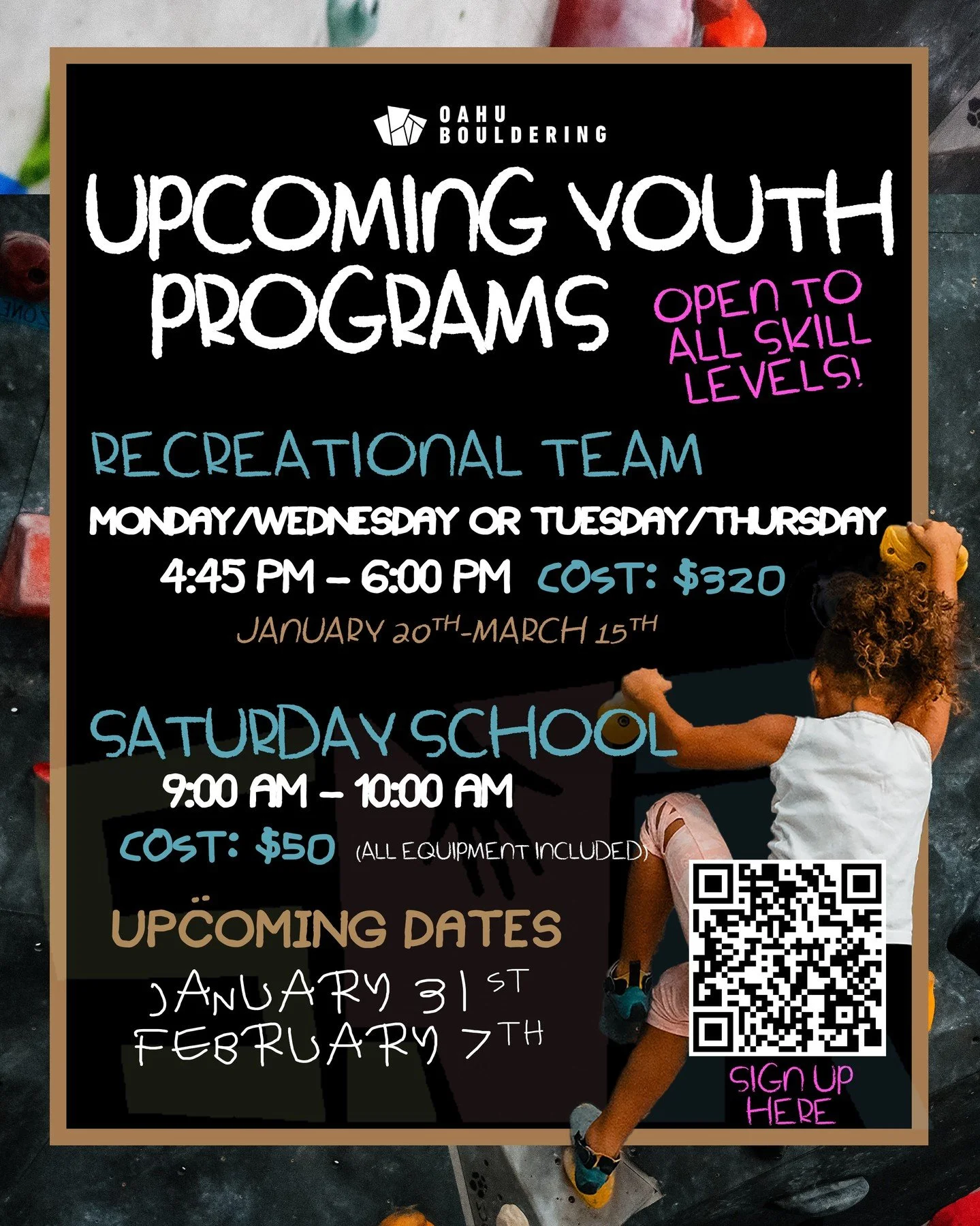 Still have some open spots for our upcoming Rec Team season!

Climbers receive instruction on climbing technique, strength, flexibility and coordination. Our classes are a great opportunity for children looking to become proficient at climbing, while