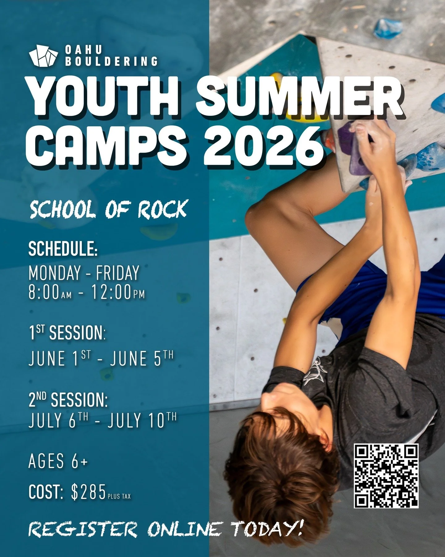 Sign ups for summer programs are open! Climbers will get the opportunity to learn creative problem solving skills, body awareness, and teamwork through our Summer School of Rock session. Open to all skill levels. 

School of Rock is a week-long cours