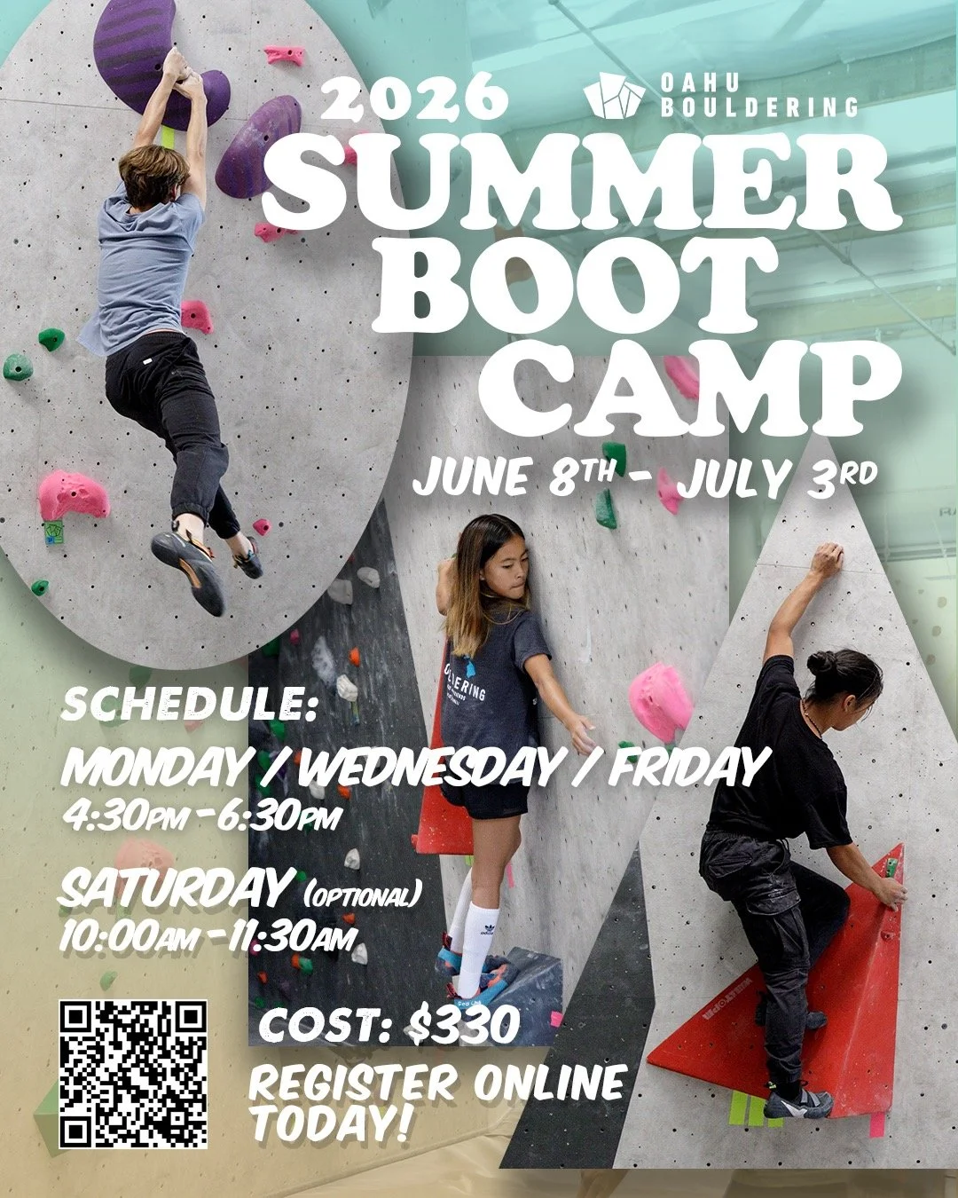 Registration for 2026 Summer Camps are open! Climbers will get the opportunity to learn creative problem solving skills, body awareness, and teamwork through our summer camps!

The 2026 Summer Boot Camp is a 4 week course of concentrated climbing! Th