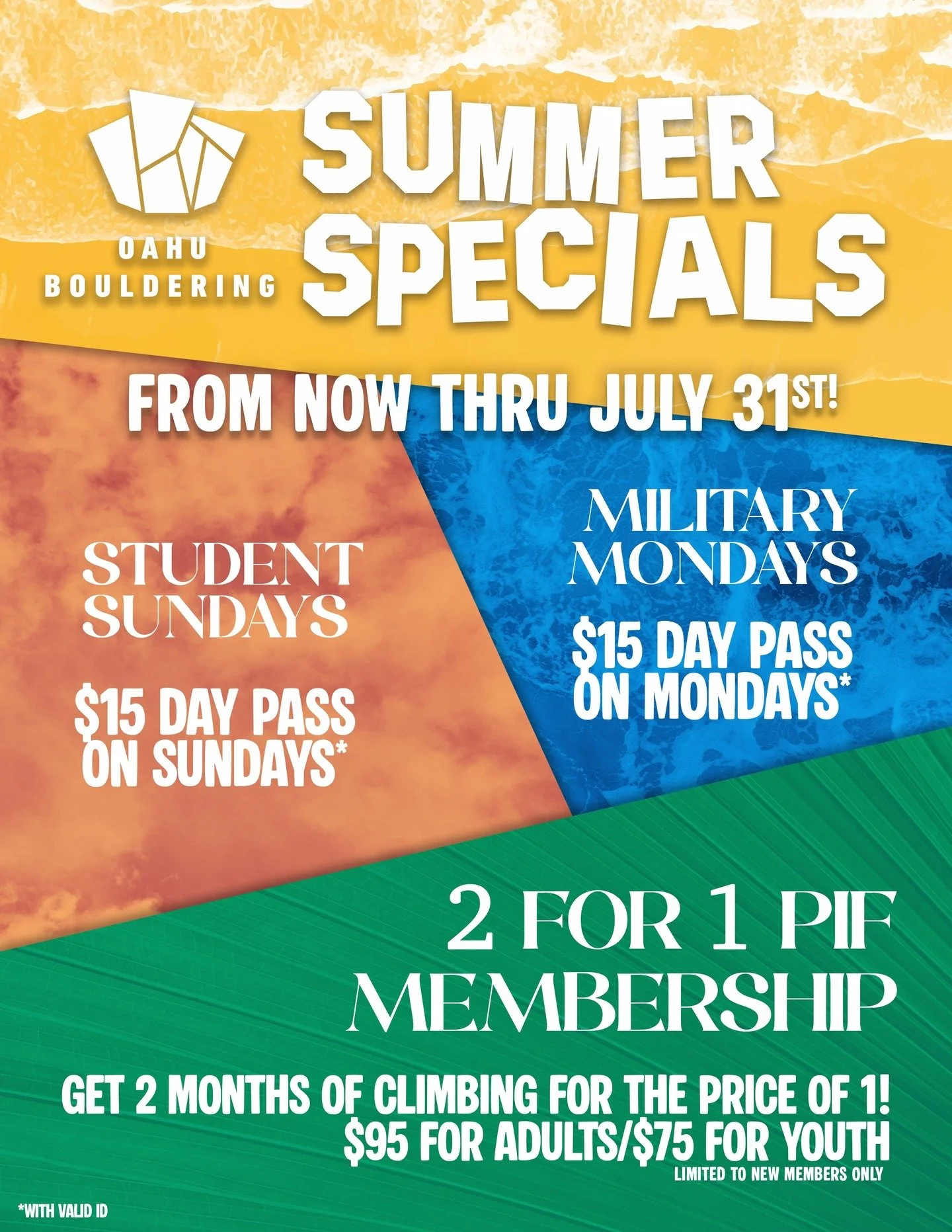 It&rsquo;s time to start your Summer Sends! 

Every Sunday of summer, show us a current student ID or class schedule and get a day pass for 15 bucks!

On Mondays, show us your military ID and get a day pass for $15 as well! 

Want to try out a member