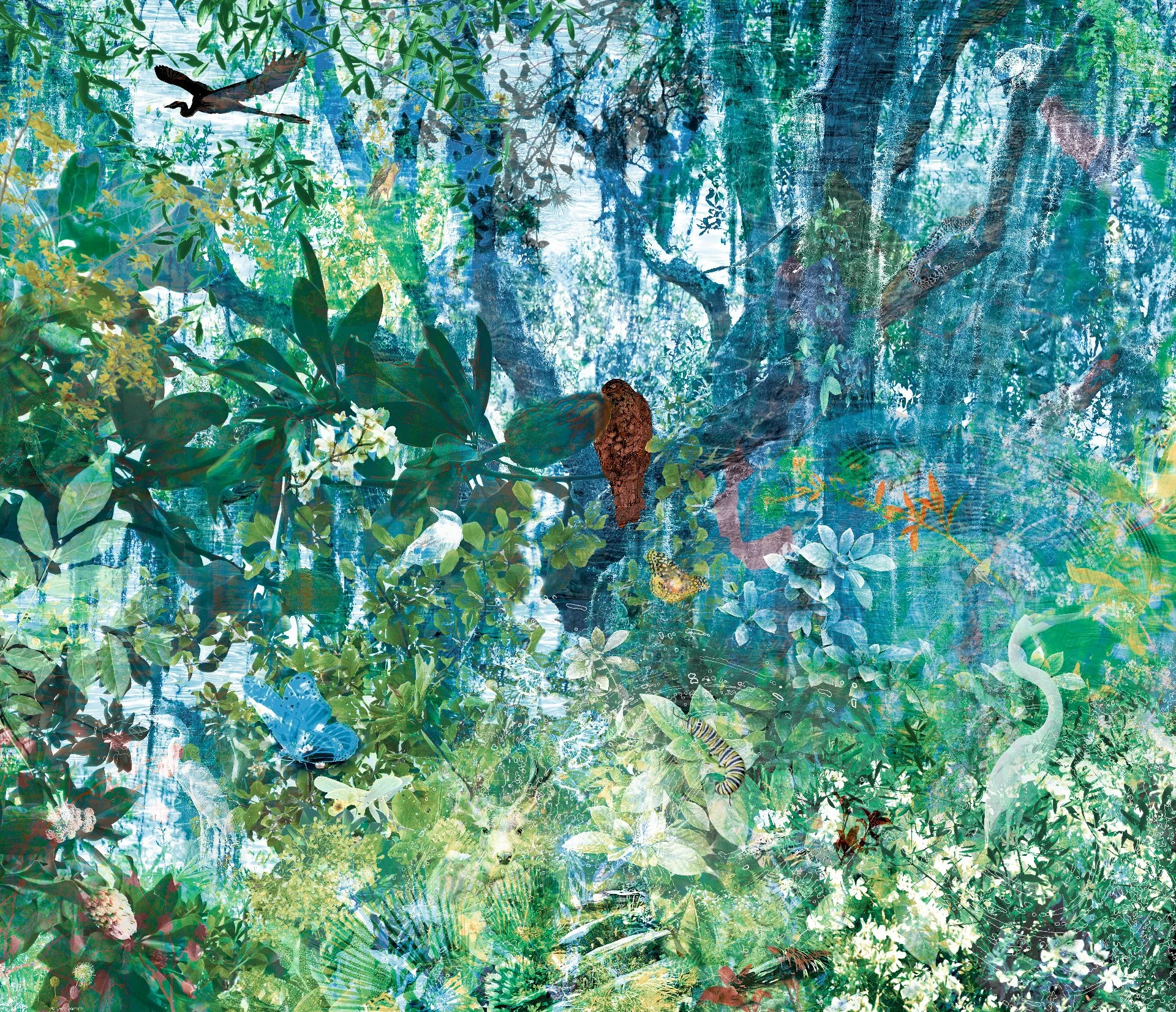 MARITIME FOREST (detail), photographic composite embedded in curved glass, 60 x 72 x 12 in, 2025.
