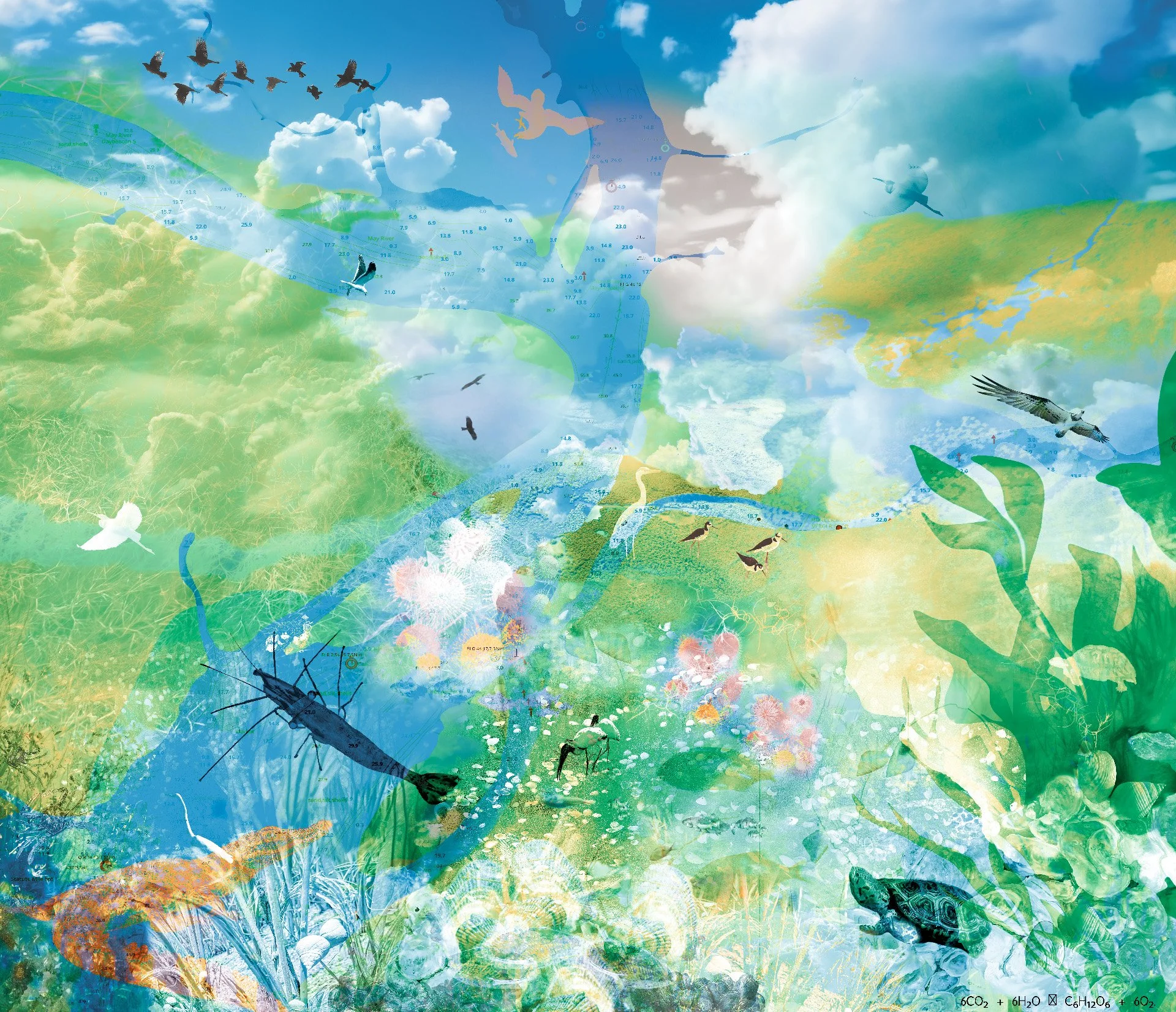 MARSH (detail), photographic composite embedded in curved glass, 60 x 72 x 12 in, 2025.