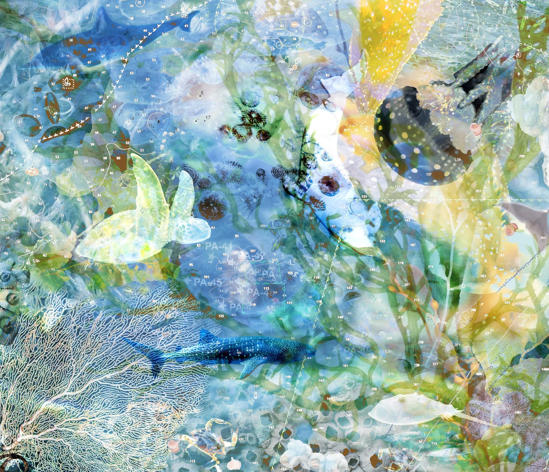 OCEAN (detail), photographic composite embedded in curved glass, 60 x 72 x 12 in, 2025. 
