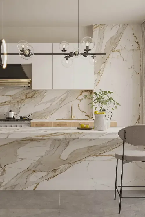 Modern kitchen interior with quartz countertop island