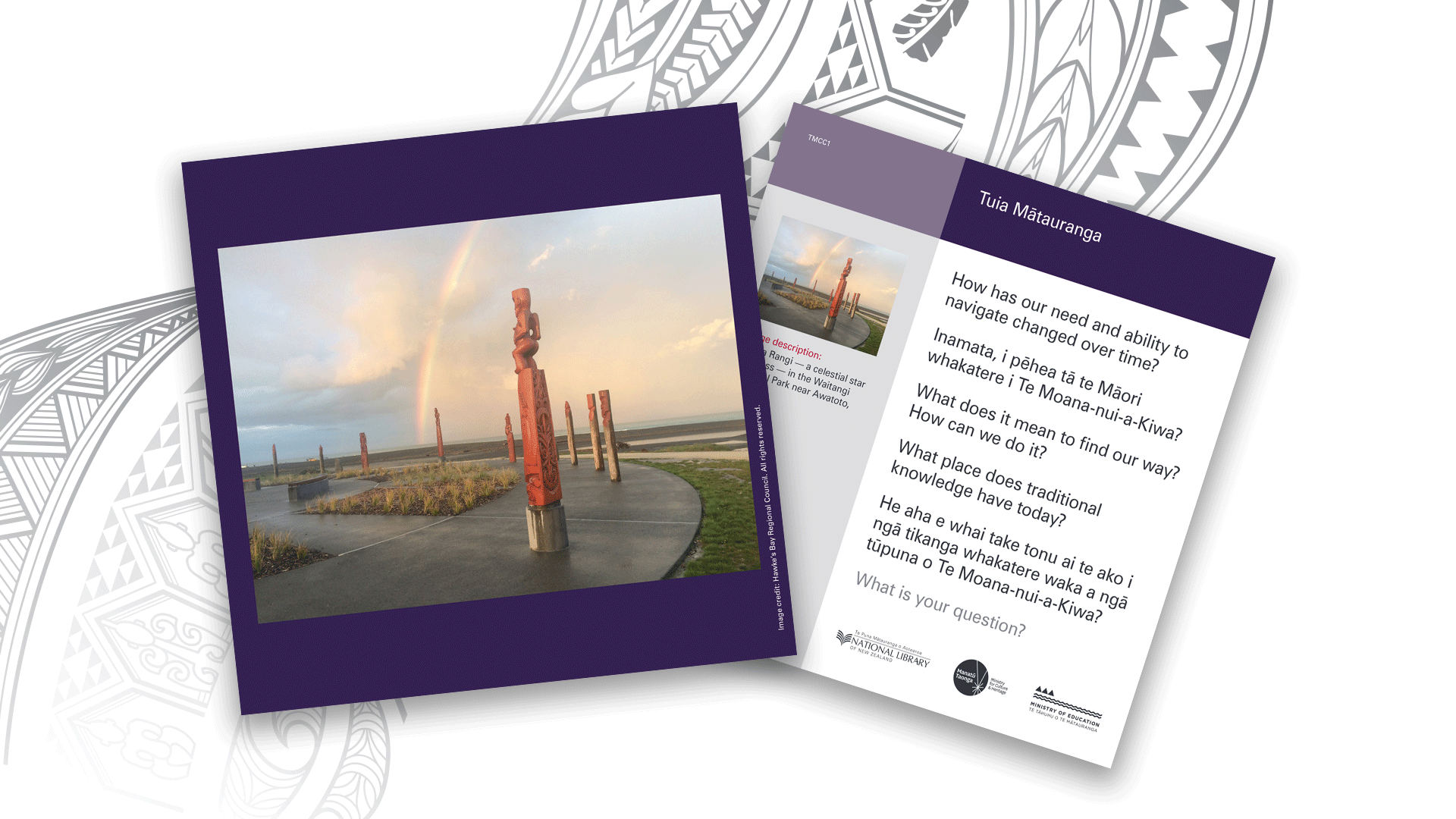 IMAGES: the Curiosity Card about a matau rino (an iron fish hook). The front of the card (above) displays a matau rino made by Māori in the 19th century. The reverse of the card (below) includes fertile questions to inspire inquiry, and a link to more resources to help with teaching and learning.