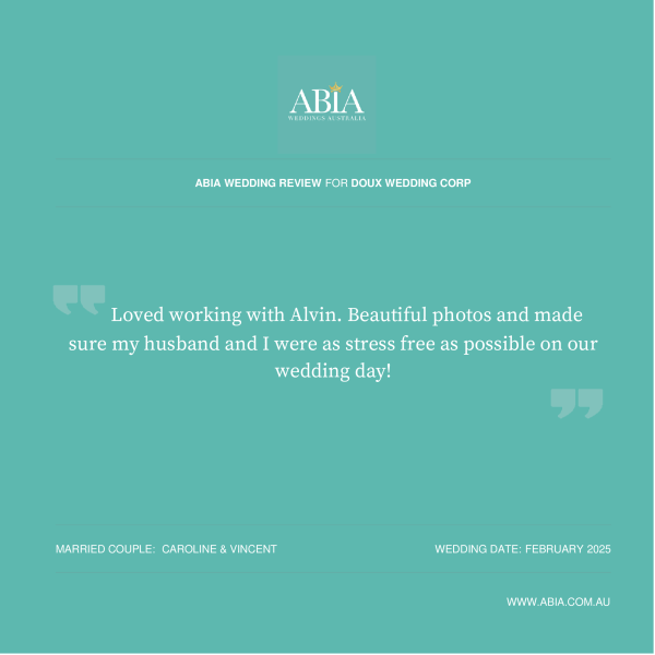 ABIA Wedding Review document for Doux Wedding Corp with a testimonial about working with Alvin, wedding date February 2025, and a website URL.