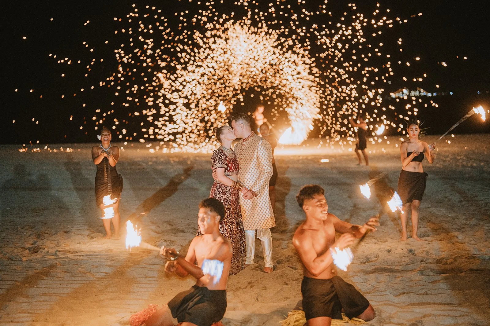 Australian Fiji Wedding by the beach fire works international wedding photographer hilton fiji