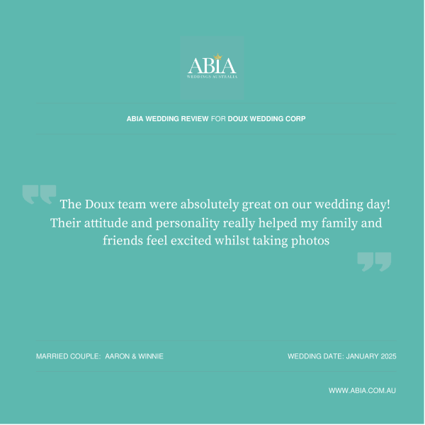 ABIA Wedding Review for Doux Wedding Corp, with a testimonial from a married couple, Aaron and Winnie, dated January 2025, with ABIA branding and website.