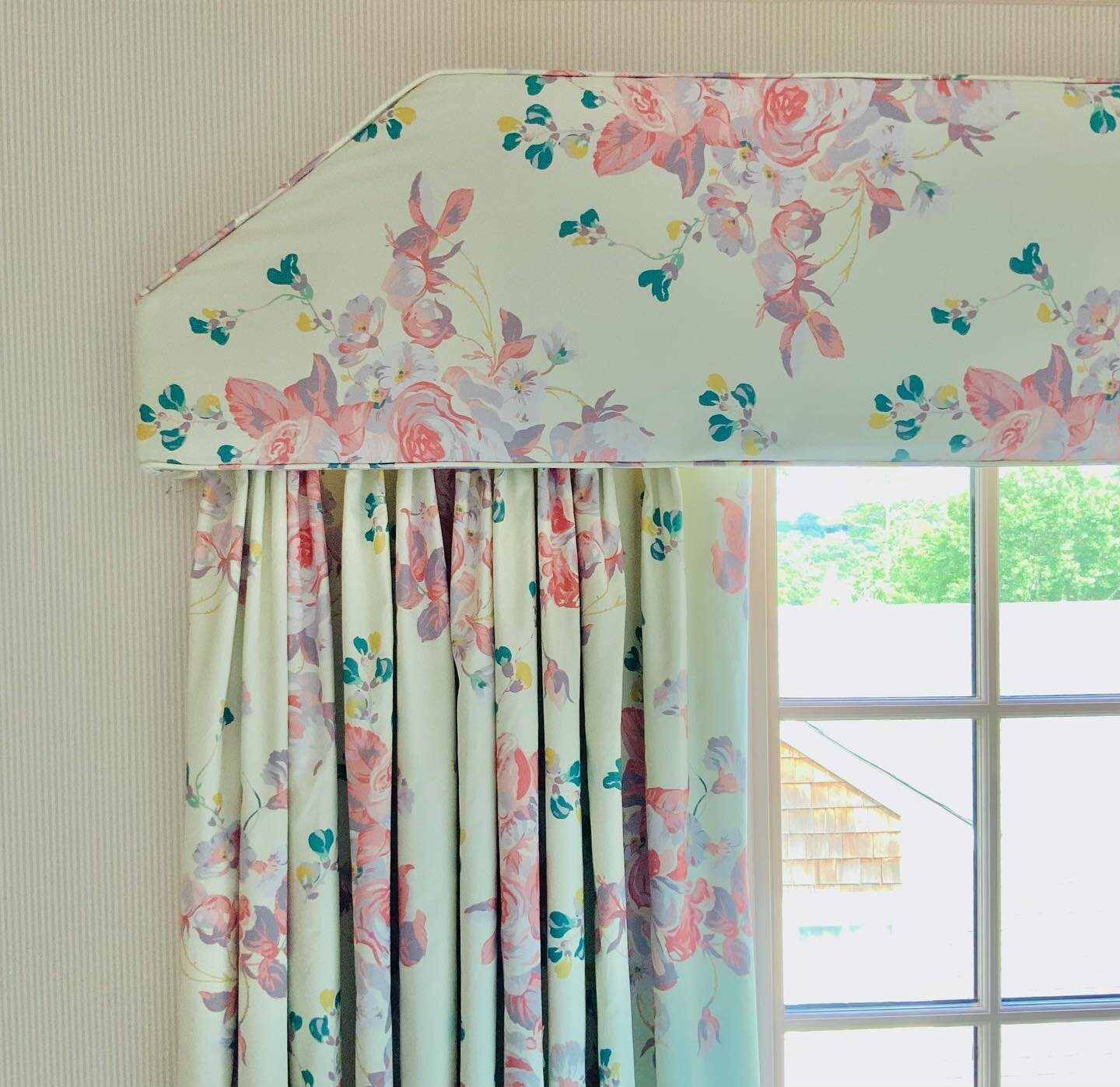 Finishing out this precious nursery space with the perfect fabric, a beautiful cornice and a soft pink ticking stripe on the walls.