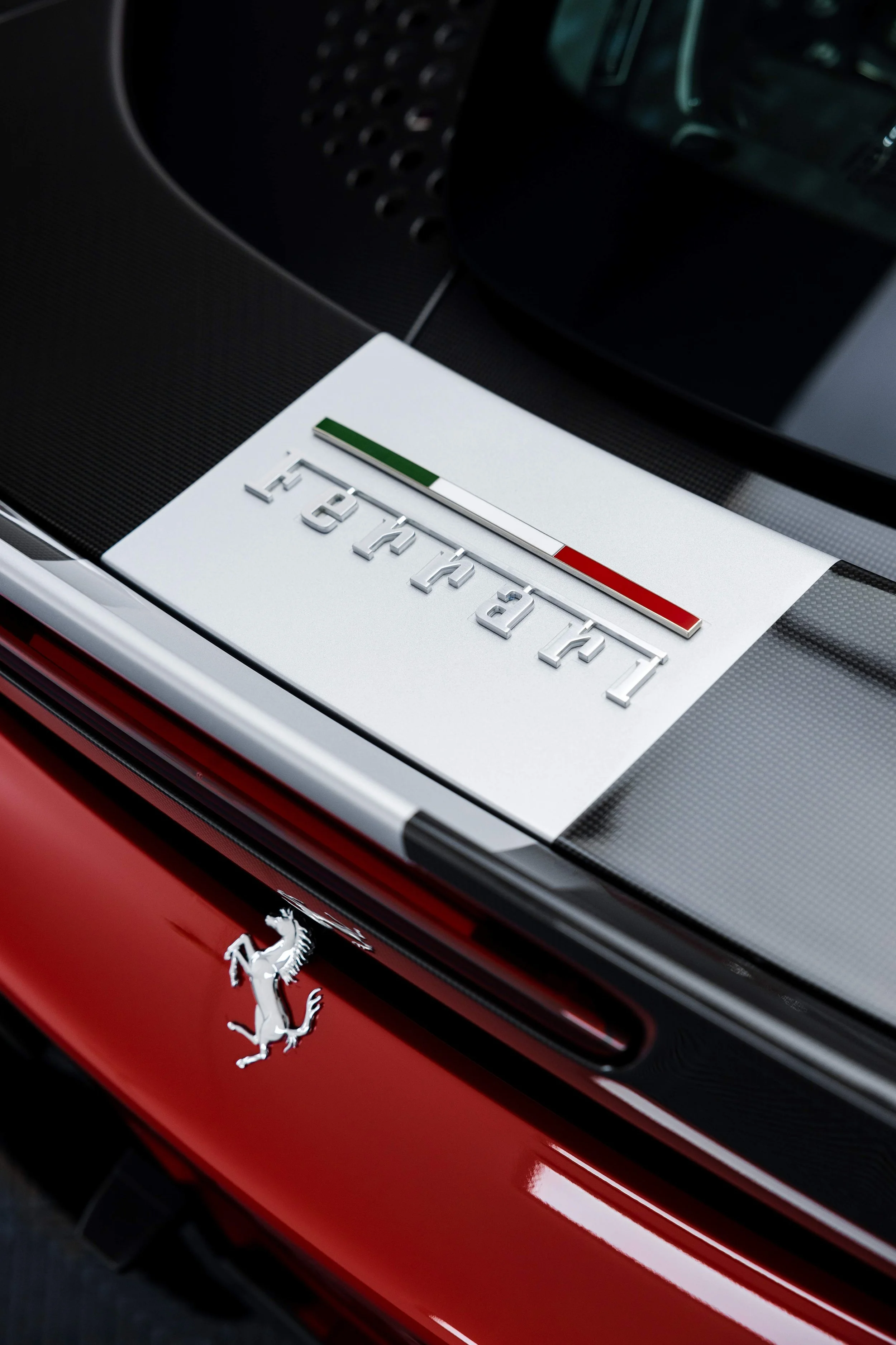 Red Ferrari SF90 Spyder rear deck Ferrari script with Italian flag badge and Prancing Horse in Mona Vale