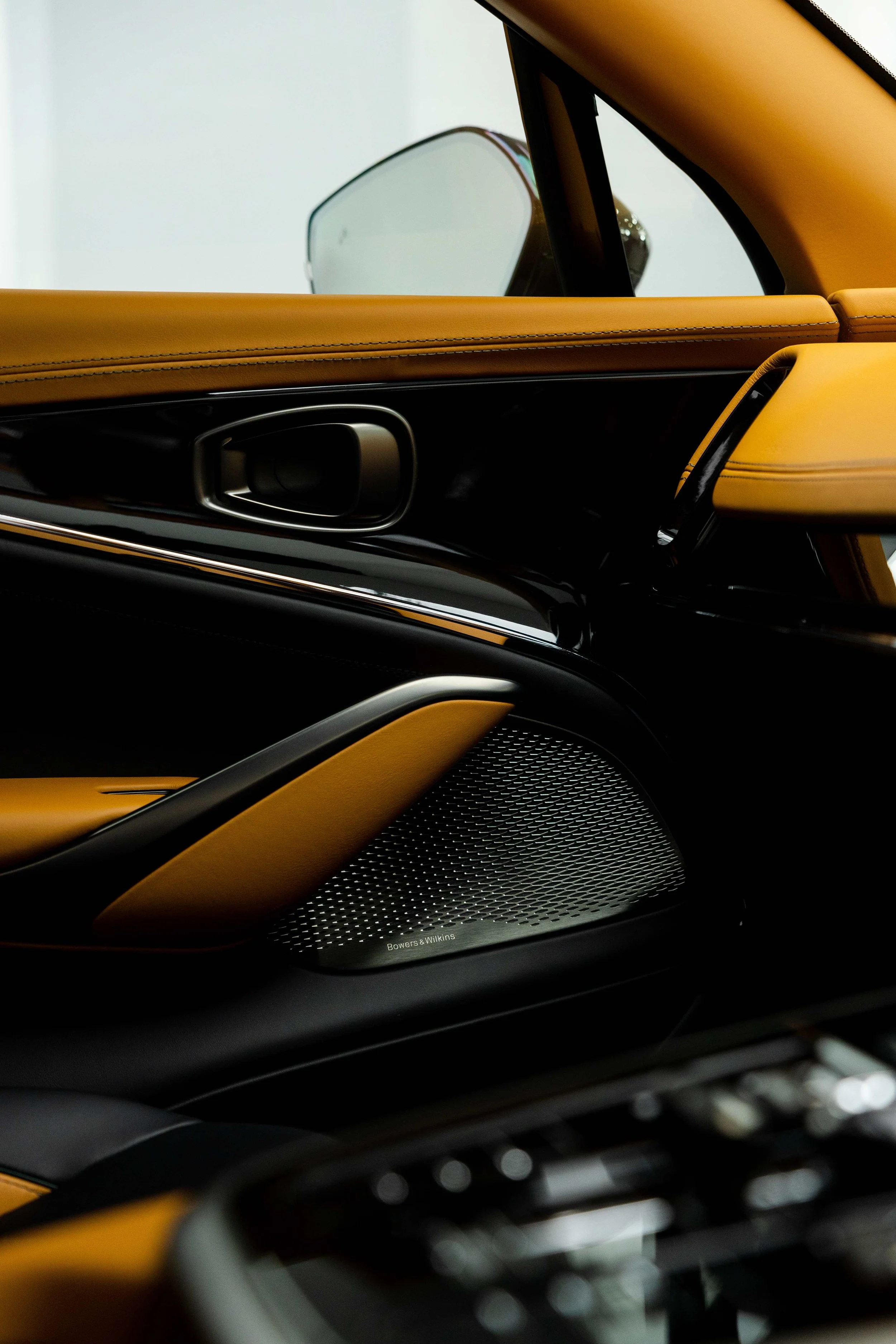 Matte green Aston Martin DBX interior detailing tan leather door trim and speaker grille in Sydney