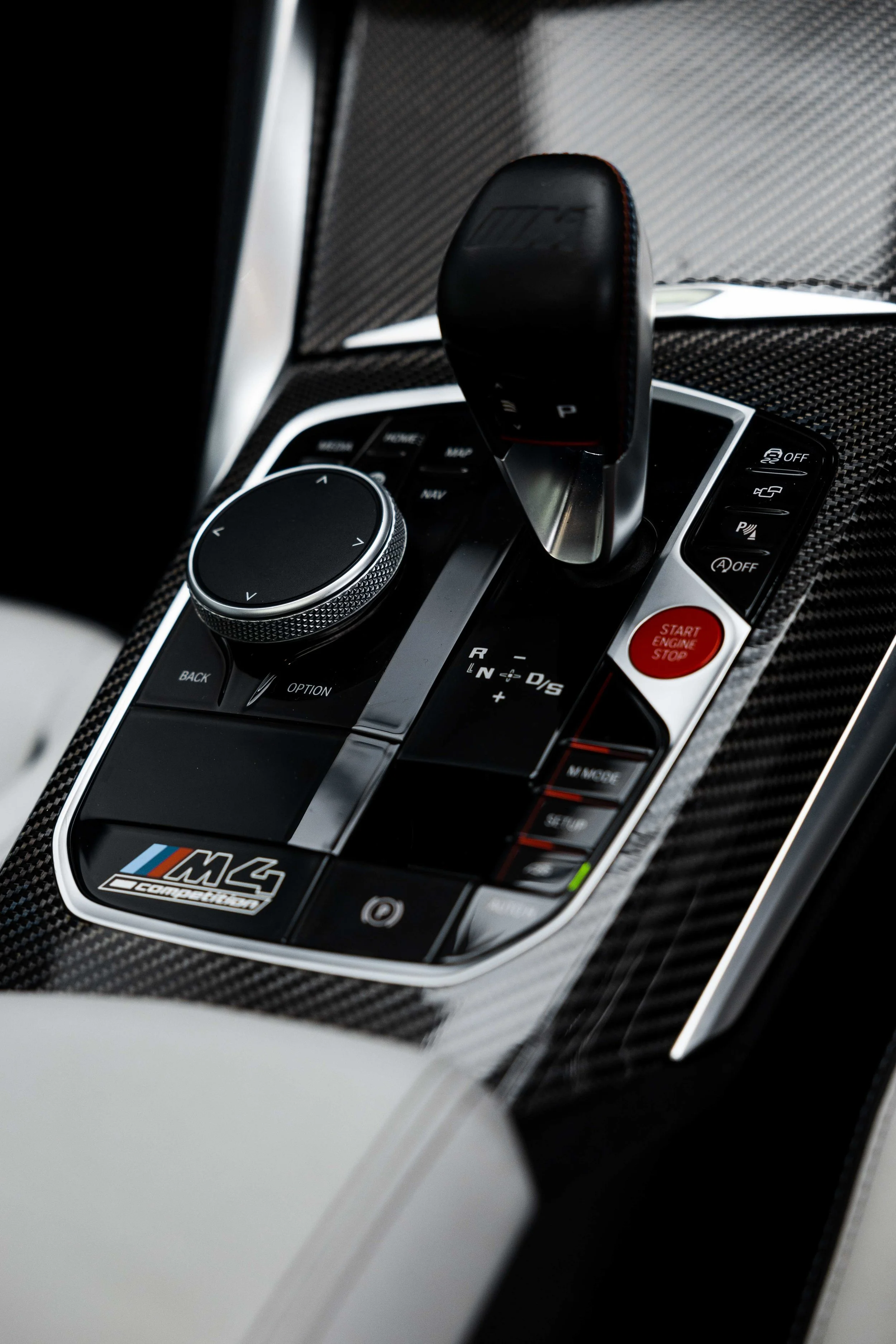 BMW M4 Competition gear selector and carbon fibre trim after interior detailing in Mona Vale