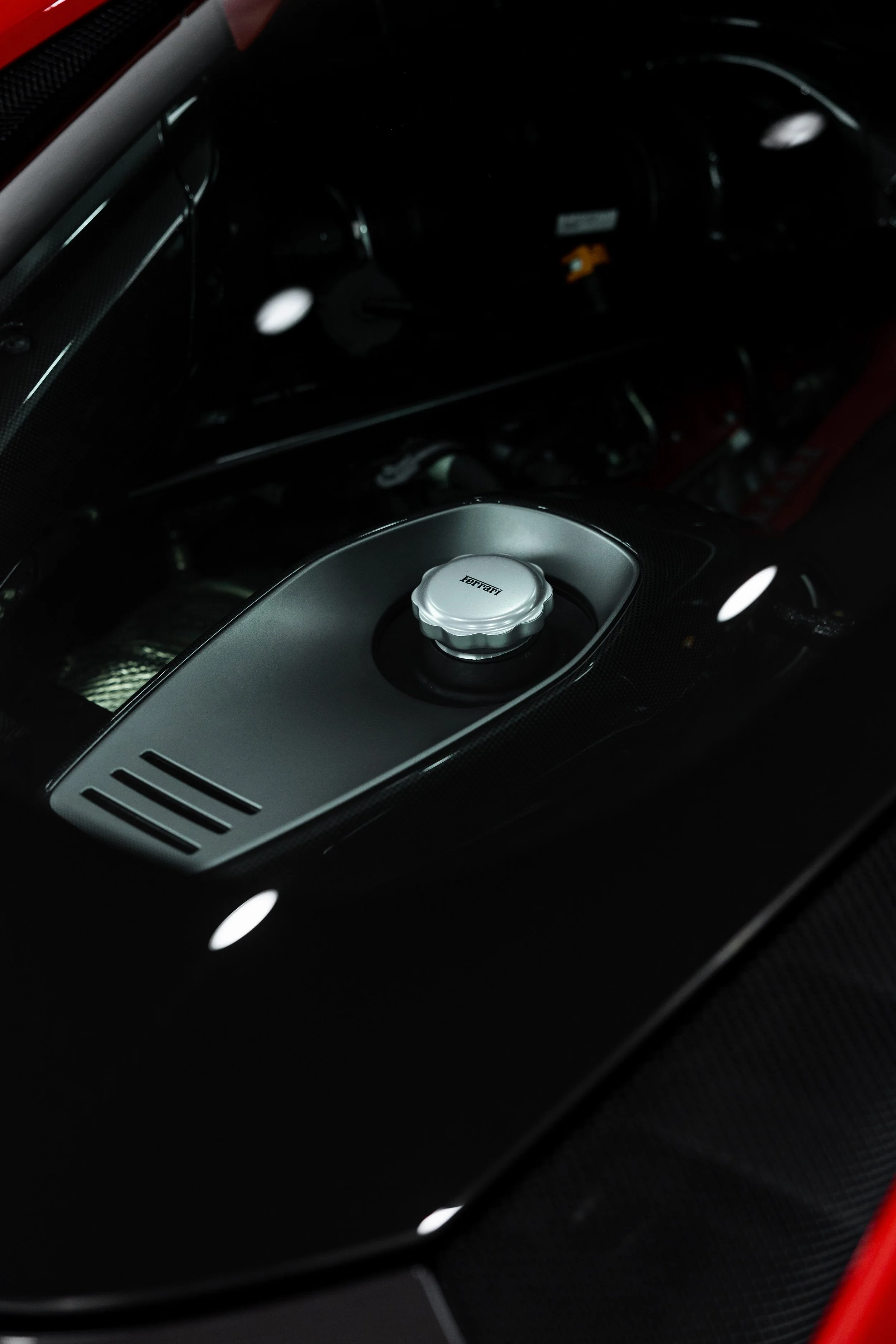 Ferrari 849 Testarossa oil cap and carbon fibre trim after detailing in Mona Vale