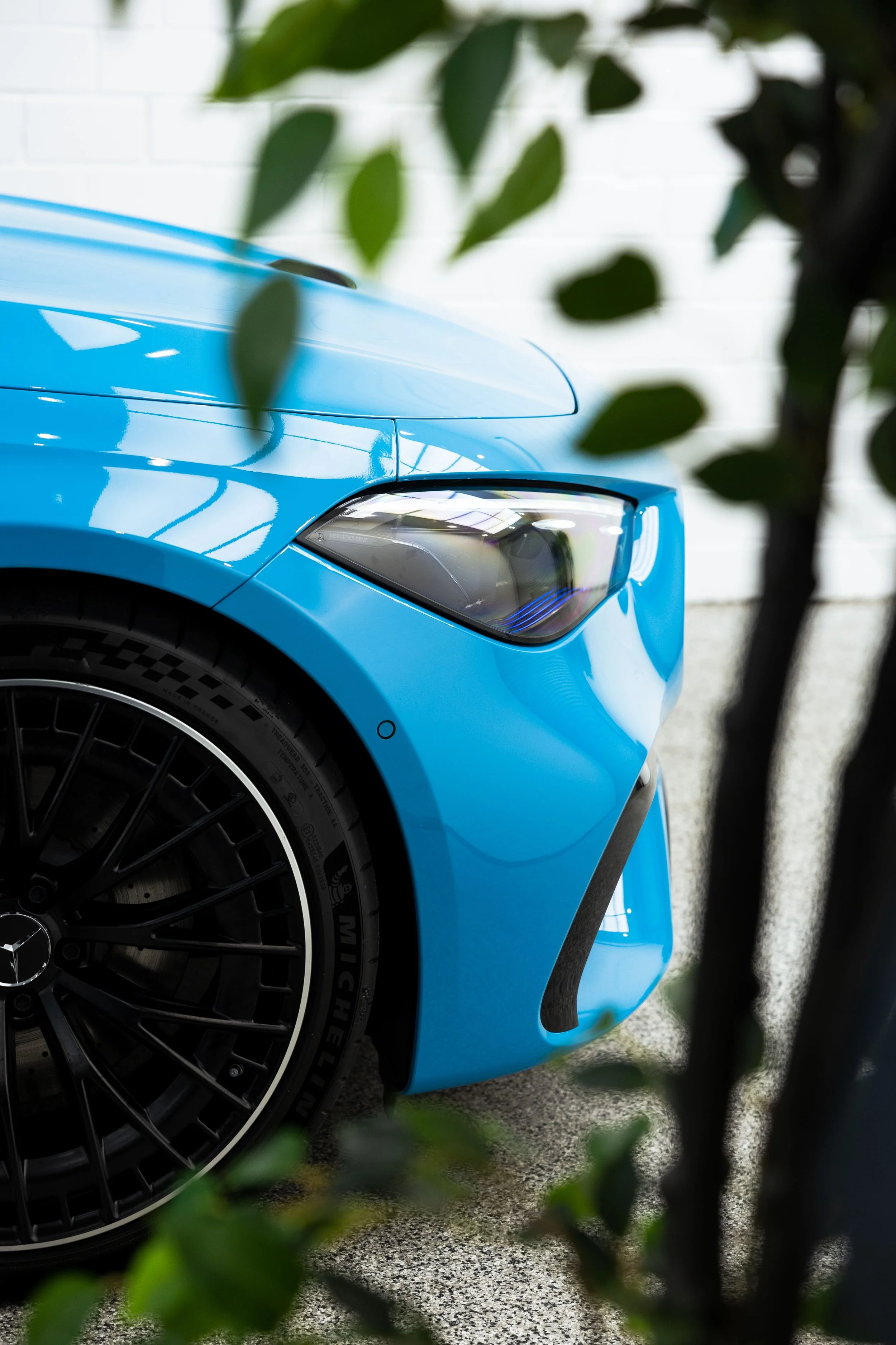 Front quarter view of blue Mercedes-AMG with custom wrap and paint protection film by ADS in Mona Vale