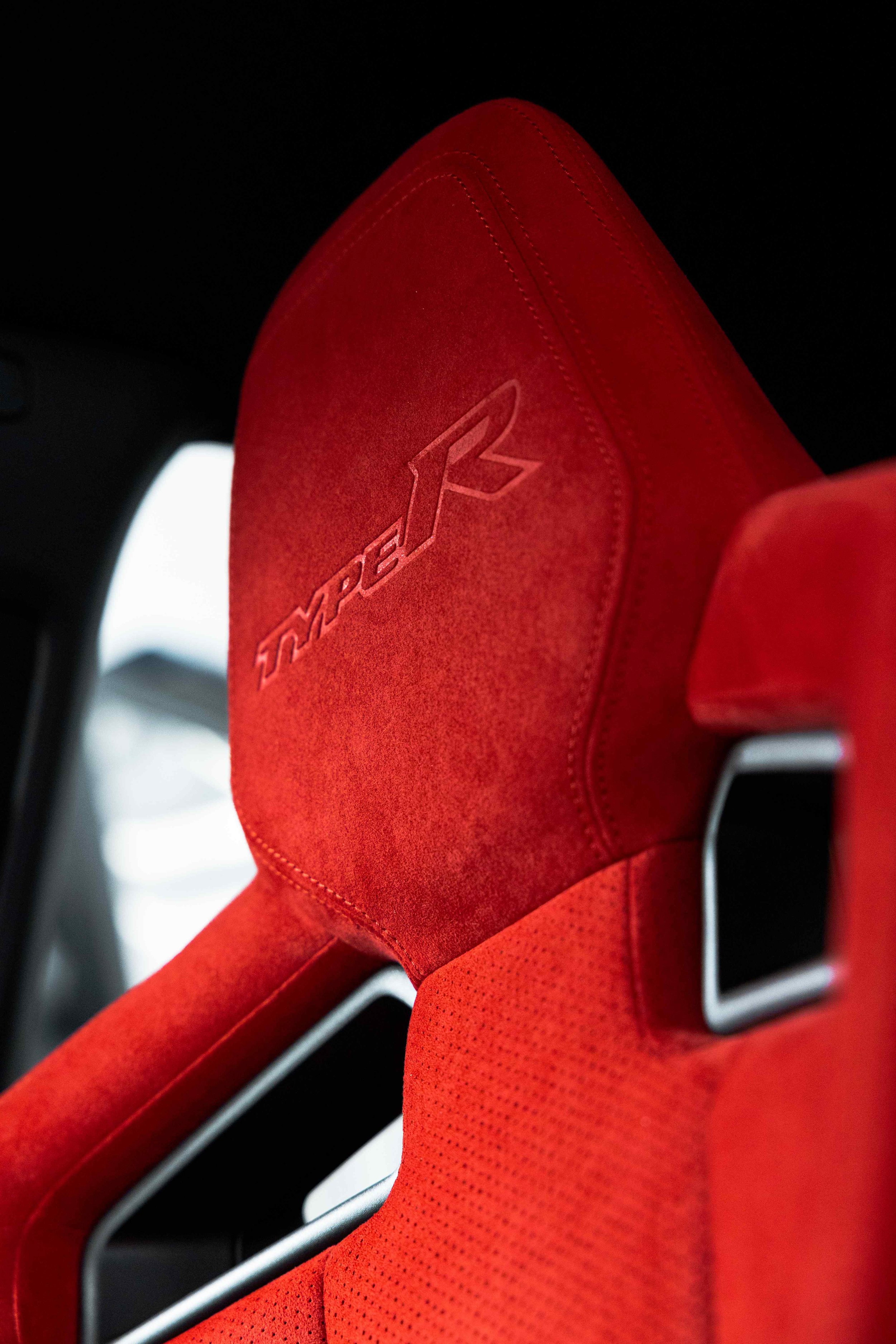 Honda Civic Type R red racing seat headrest after interior detailing in Mona Vale