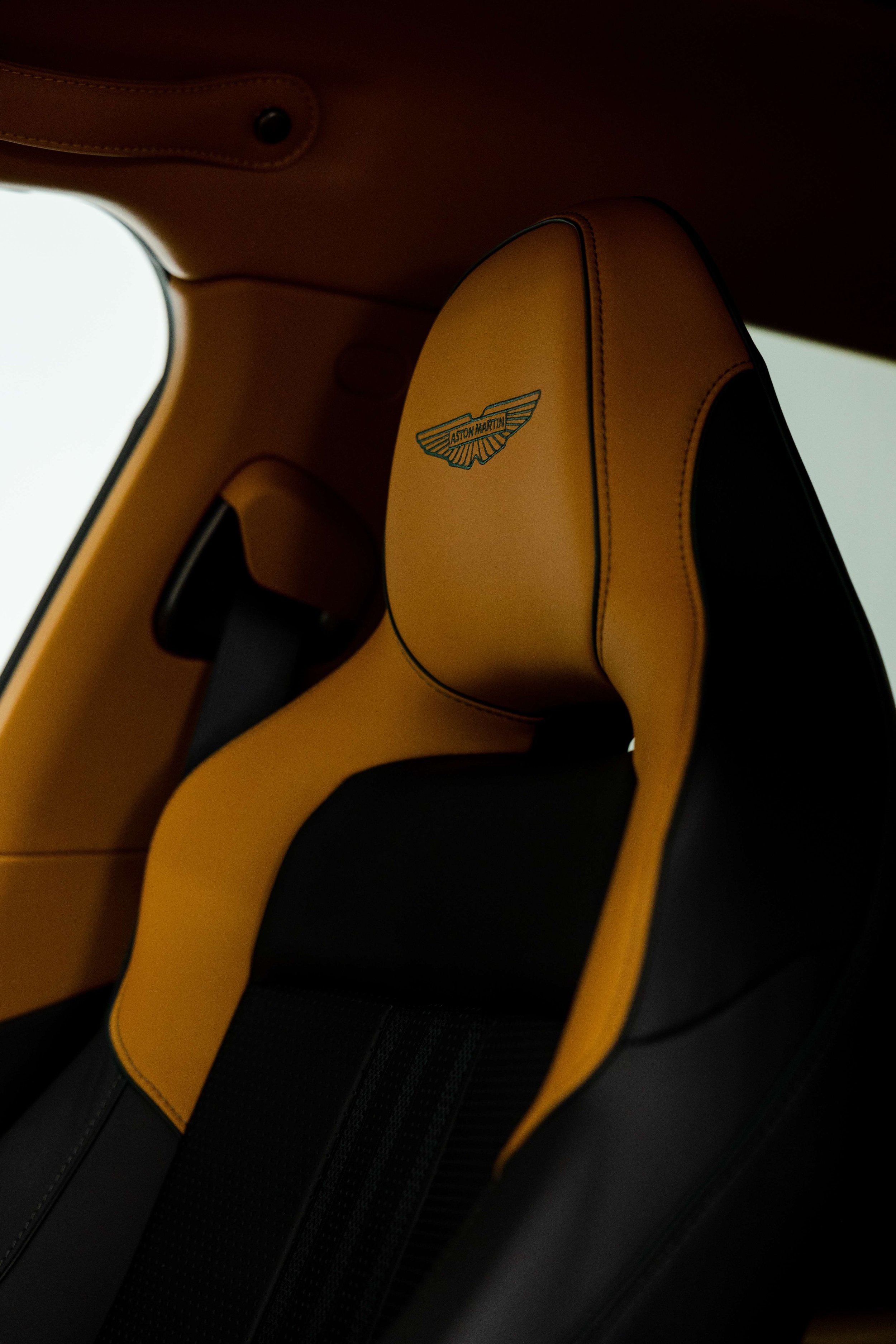 Matte green Aston Martin DBX interior detailing tan leather headrest with Aston Martin wing badge in Mona Vale