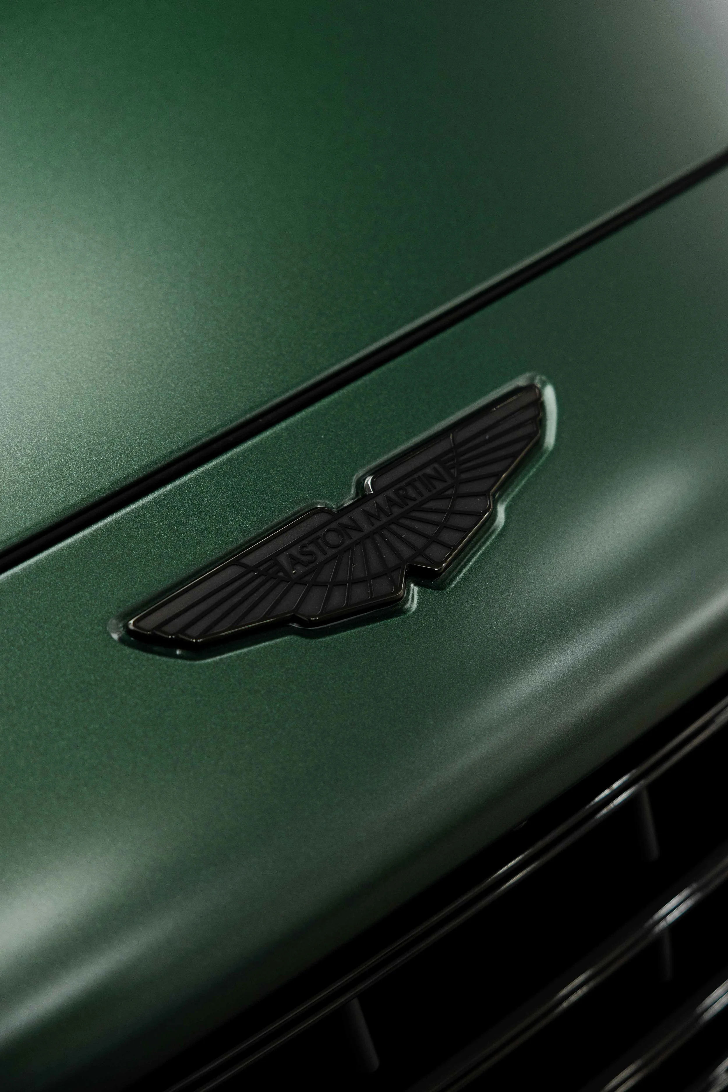 Matte green Aston Martin DBX Aston Martin wing badge on bonnet with XPEL Stealth Paint Protection Film in Mona Vale