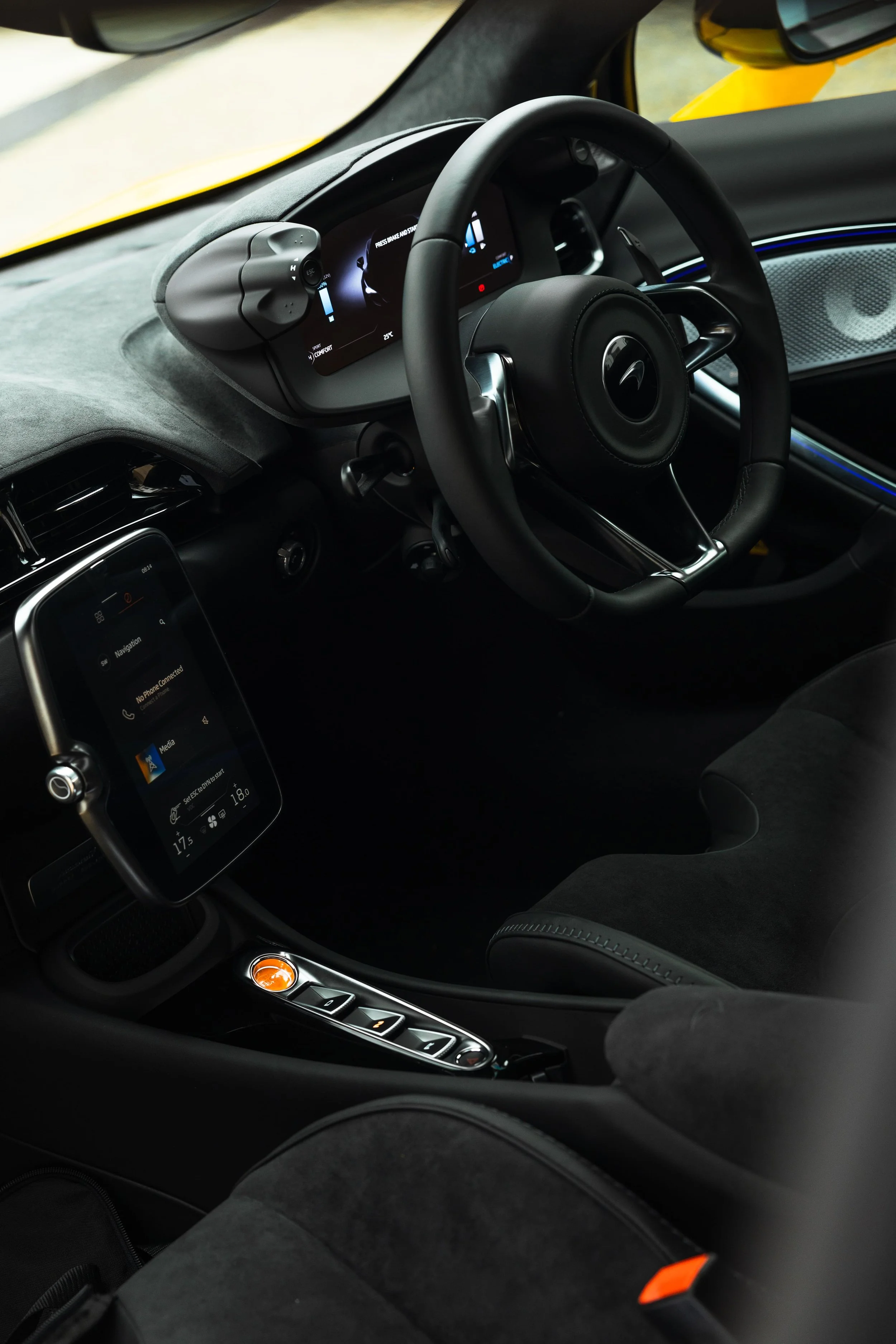 McLaren Artura interior cockpit view with digital display and premium finish by ADS in Mona Vale