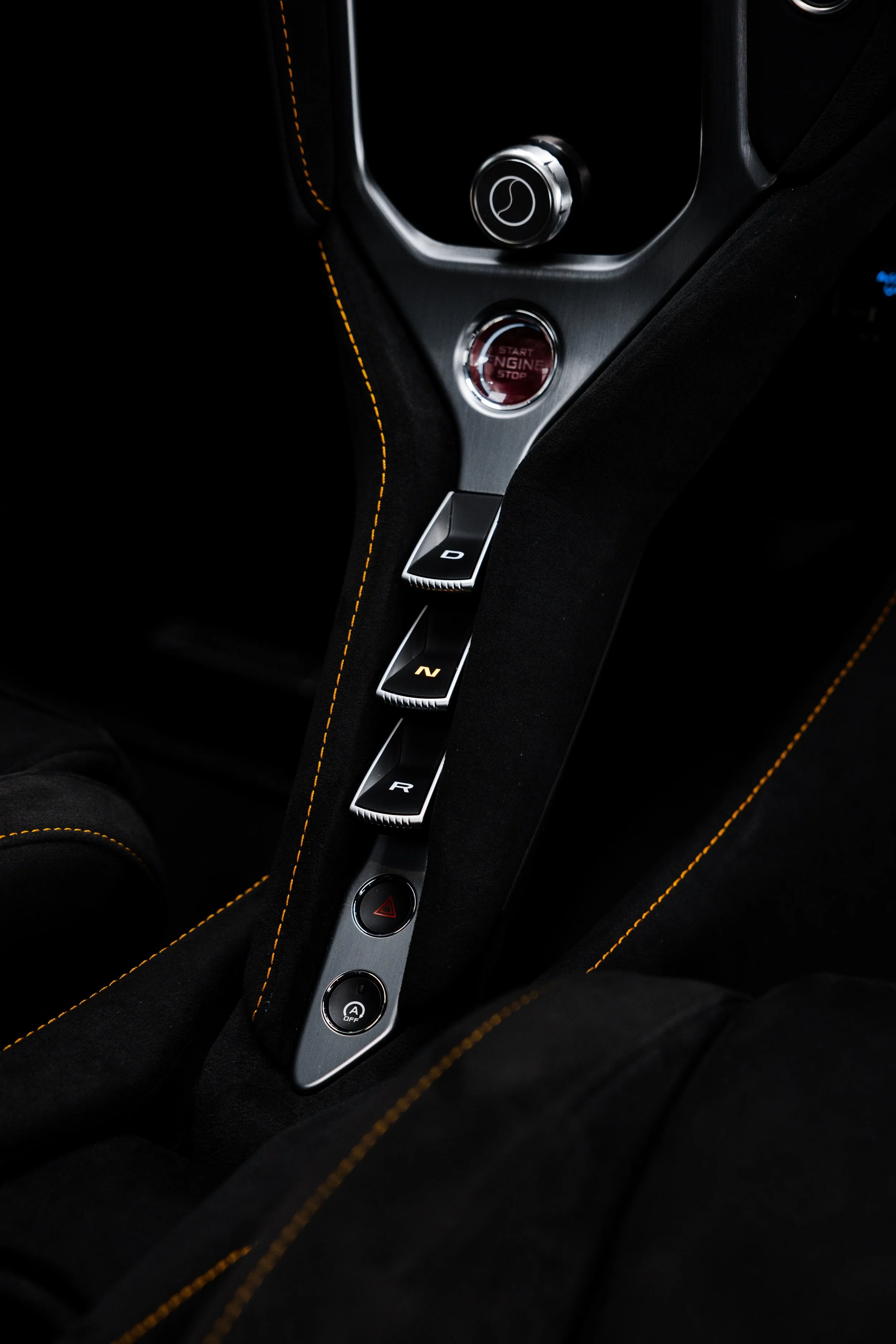 Black McLaren 750S interior detailing gear selector buttons in Mona Vale