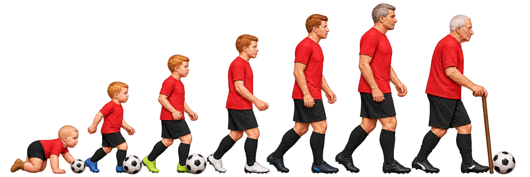 Walking football through the ages: seven figures in red shirts, black shorts and socks, varied football boots, and an older player with a wooden walking stick.