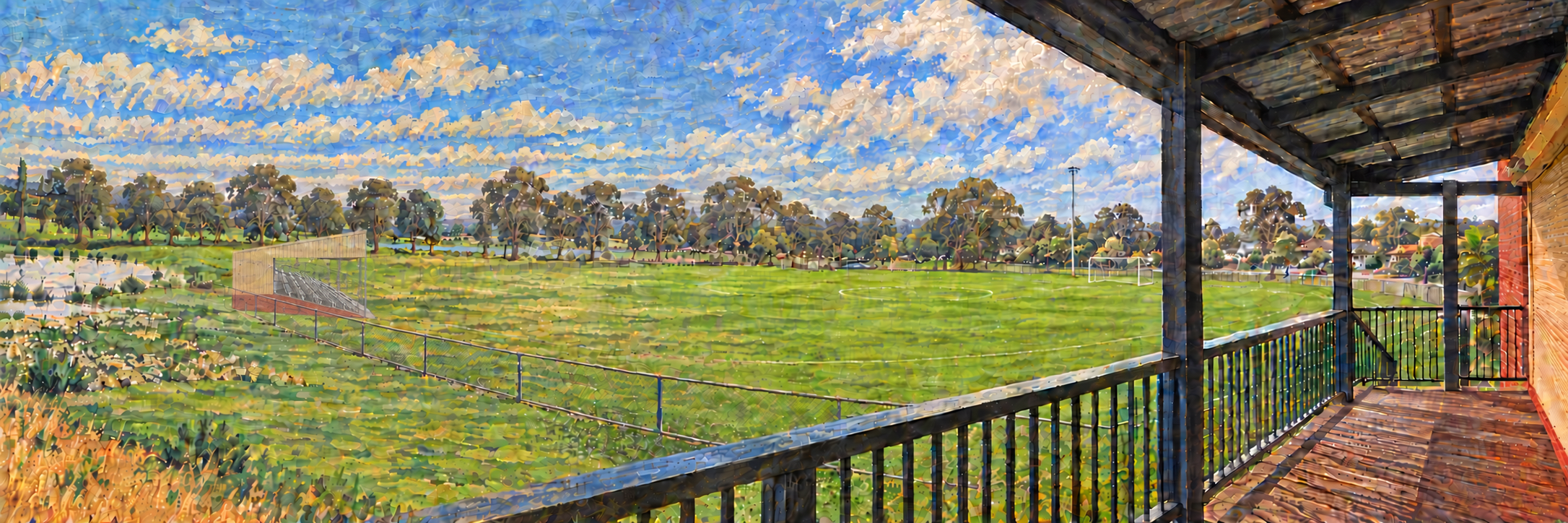 Artistic past-to-present panorama of Ashfield, blending an earlier landscape with the football ground, trees and stand behind the fence.