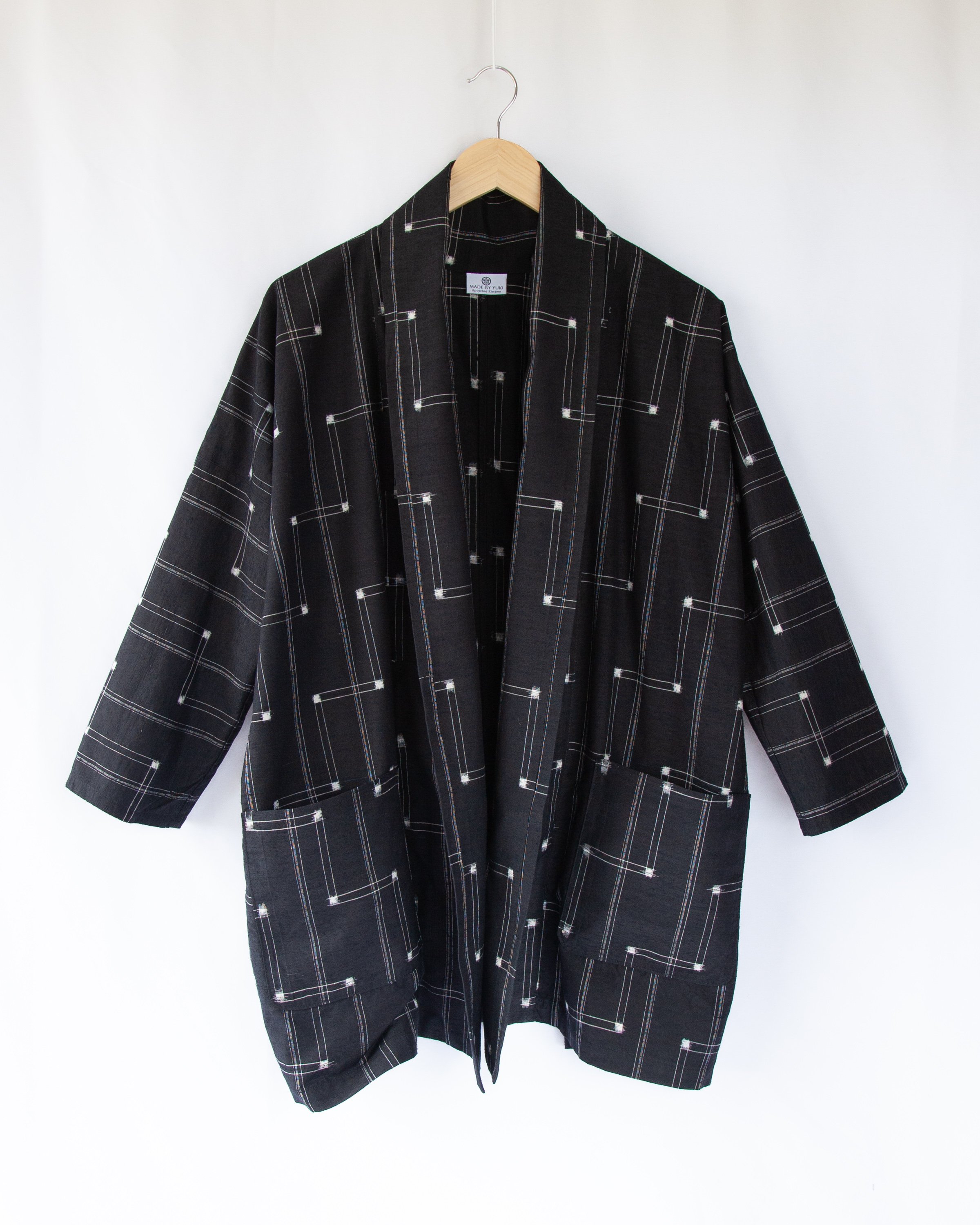 Black Geometric Kasuri Vintage Tsumugi Kimono Jacket — MADE BY YUKI