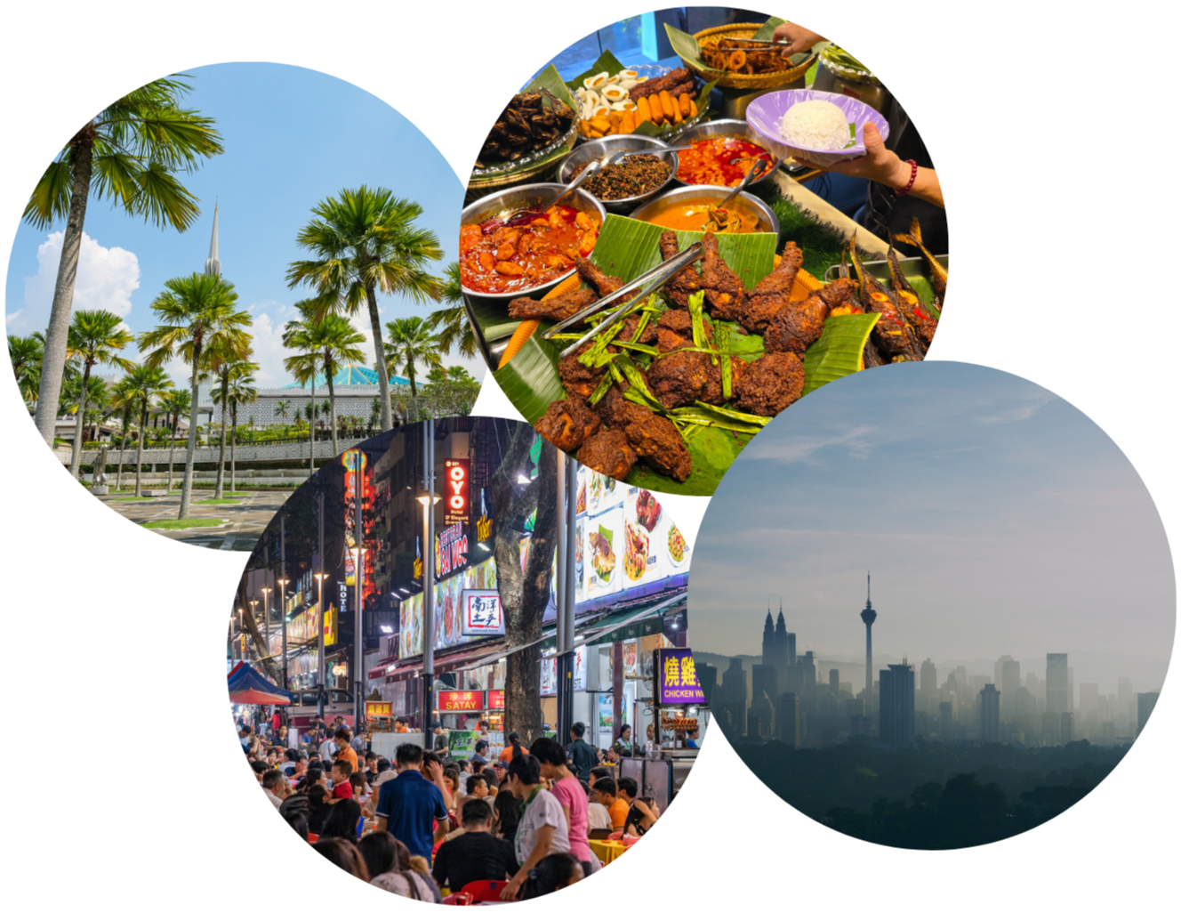 Collage of 4 images showing different views of the skyline, cultural events, foods, streets, nature of Kuala Lumpur in Malaysia
