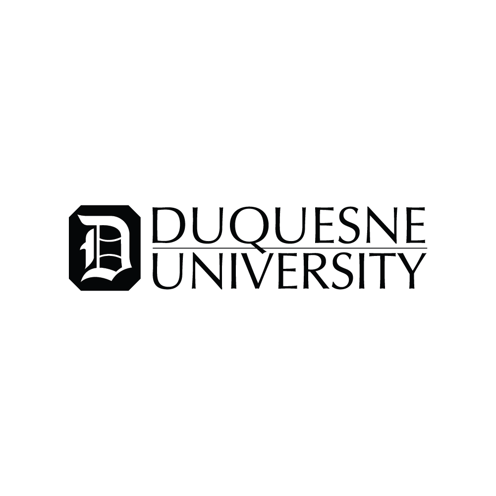 Black and white Duquesne University logo with a stylized letter D and university name.
