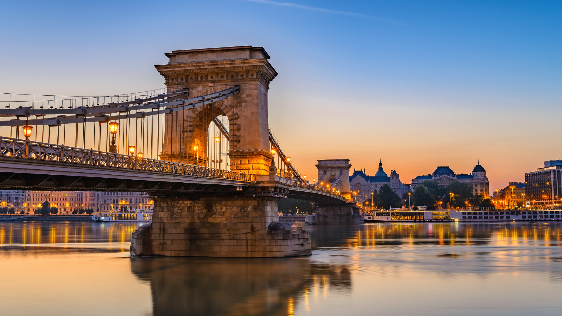 View of Budapest, Hungary from the Danube River, showing the Chain Bridge.
