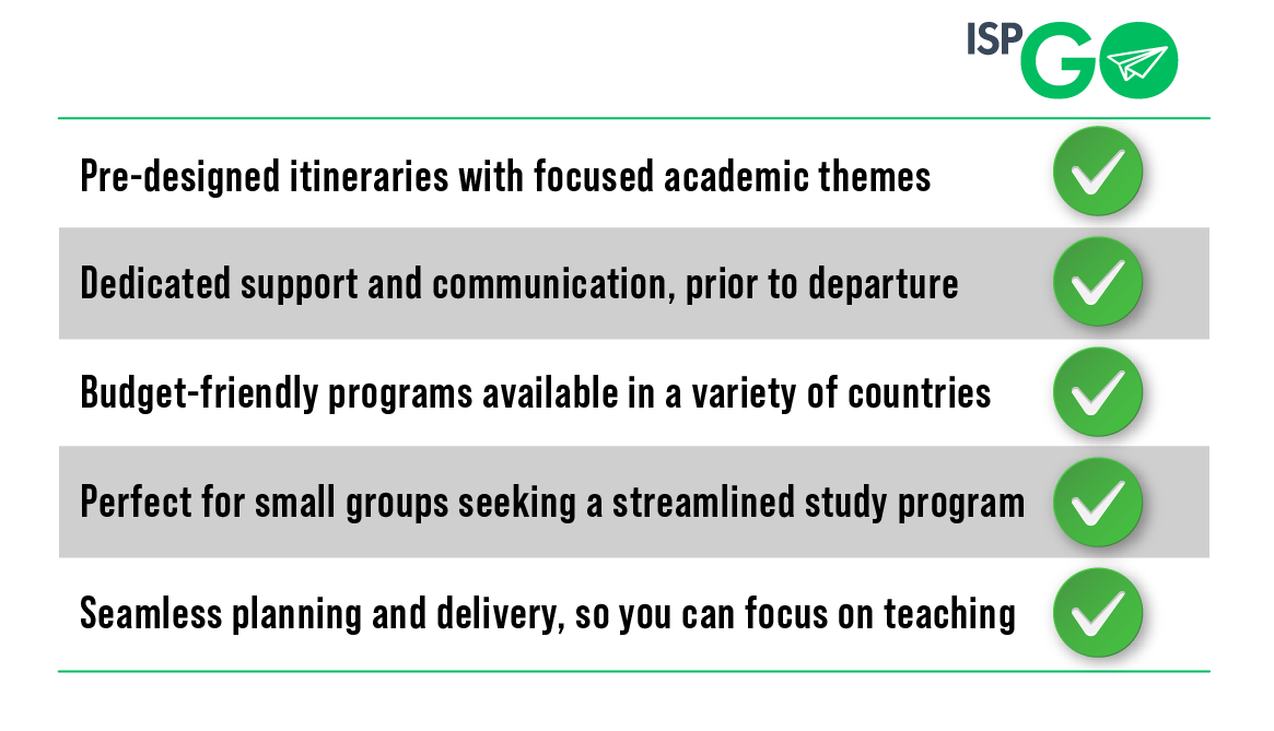 Checkmark icons next to text describing benefits of a study program, including dedicated support and communication prior to departure, and suitability for small groups seeking a streamlined study program.