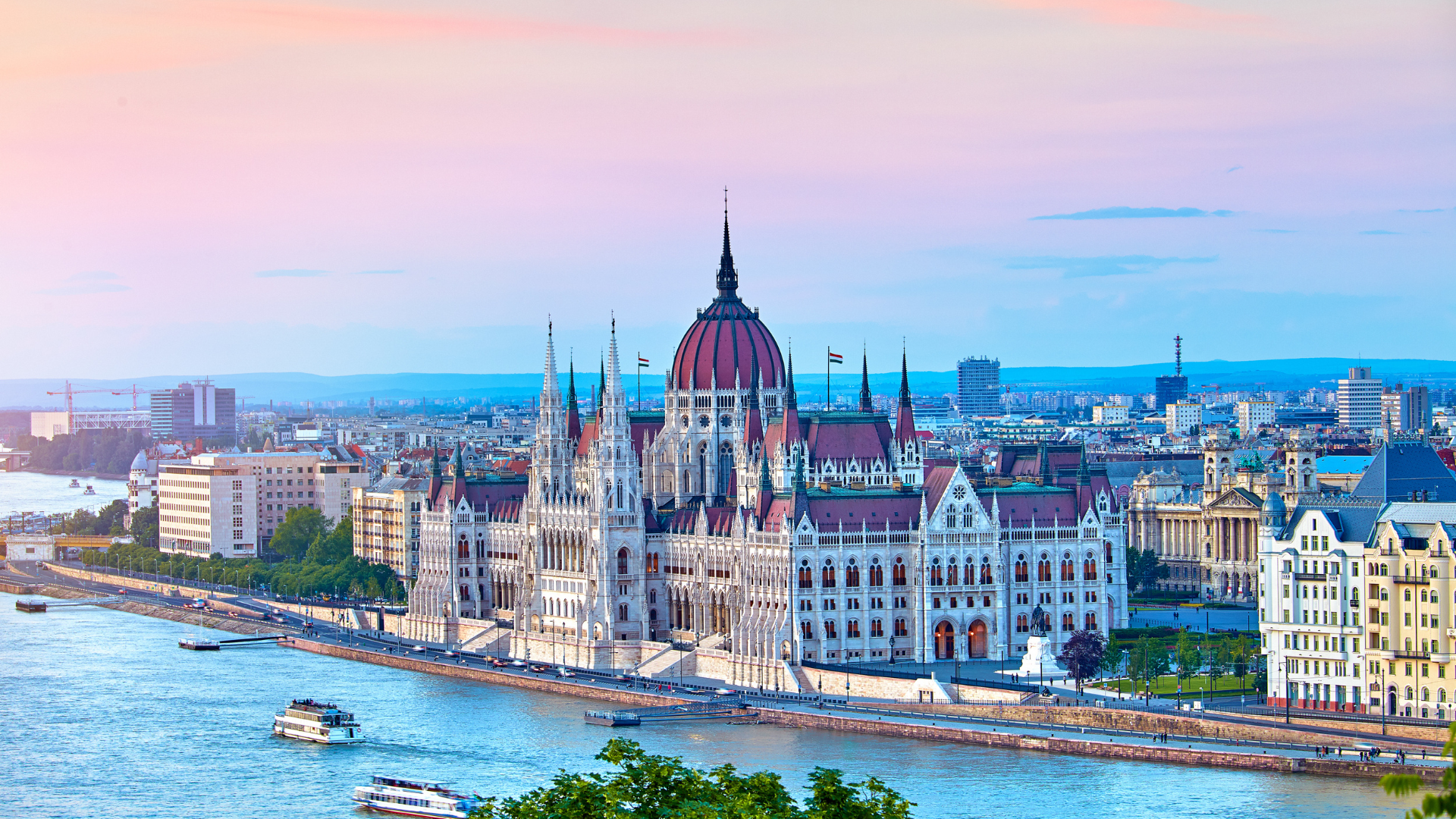 View of the Parliament Building in Budapest, Hungary from the Danube River.