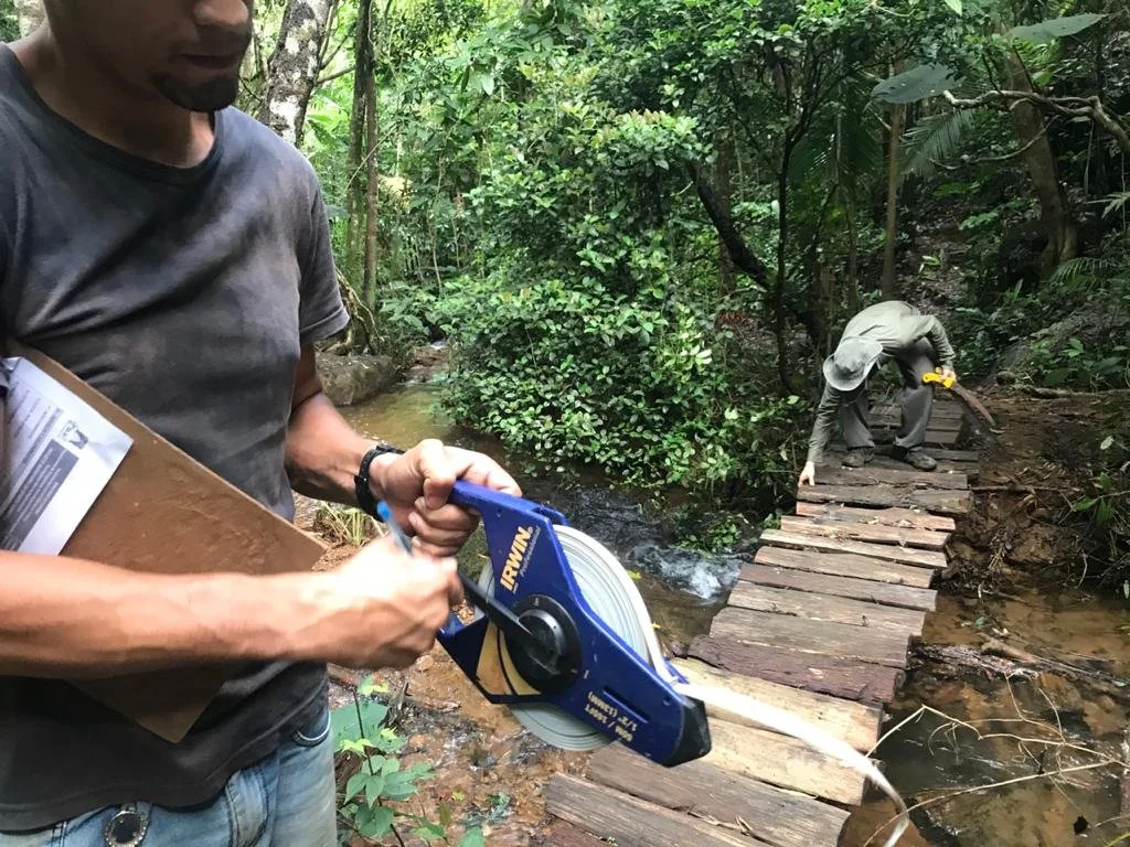 Two workers building a small wooden bridge over a creek in a lush green forest.