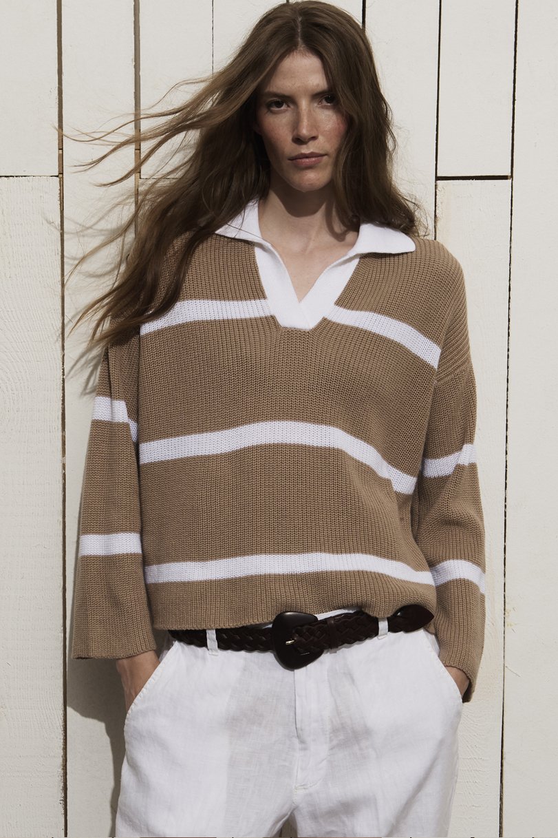 STRIPPED "BE CHEERFUL" POLO NECK