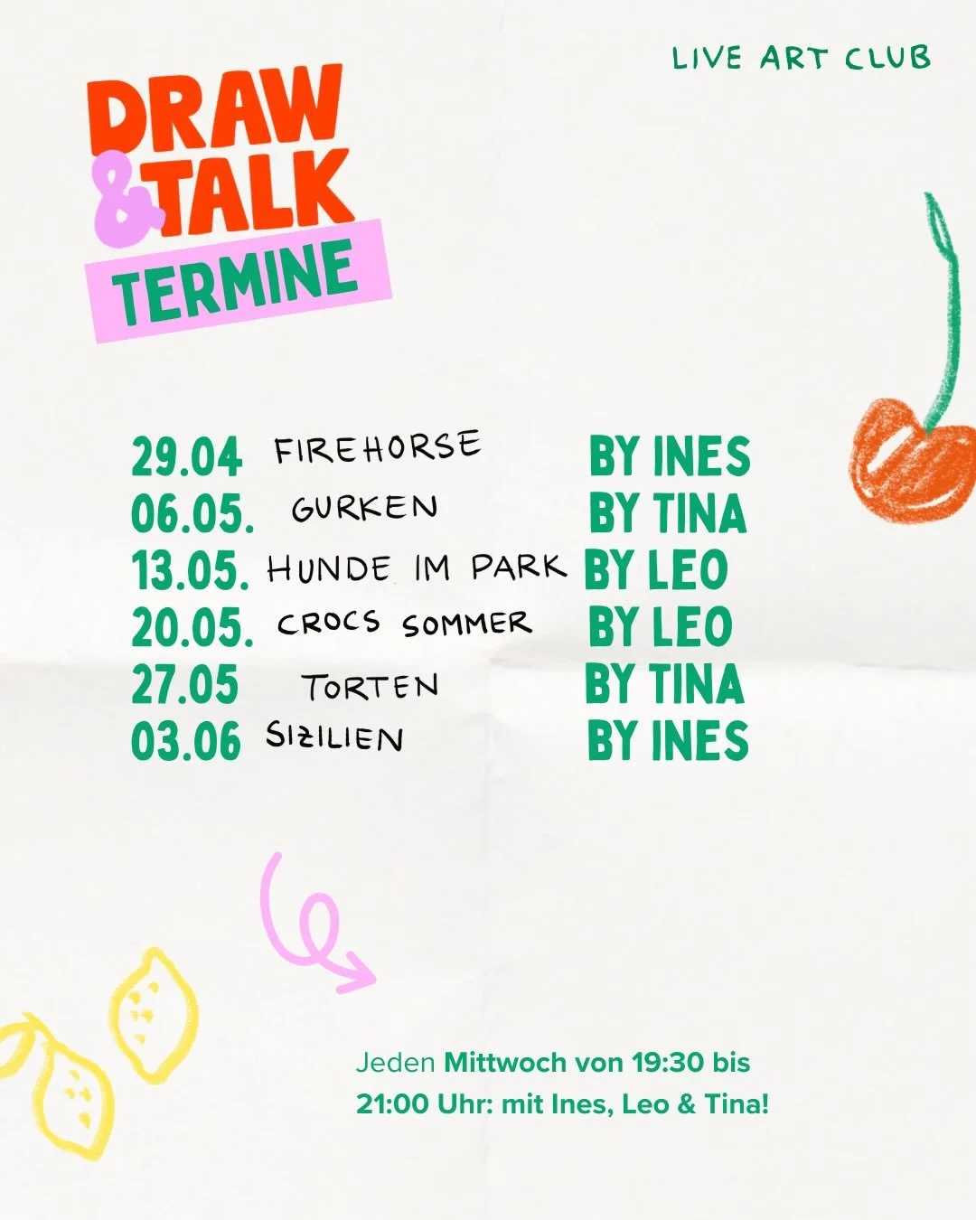 Hier kommen unsere ersten 6 Termine mit passenden Materialien &amp; Themen ⛱️🎂🐶🥒🍋🐎
Was ist davon am meisten euer Ding?