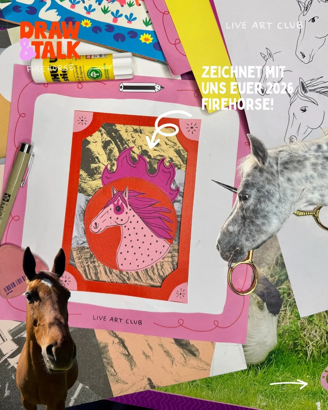 Es wird ernst! 🐎 Diesen Mittwoch um 19:30 geht&rsquo;s los und wir zaubern zusammen mit @frau.ines unsere eigene Horde Firehorses 💌 Bucht euch &uuml;ber den Link in der Bio im Online Atelier ein und legt euch folgende Materialien bei Seite: 
&bull;