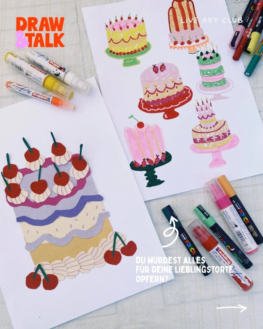 Die Headline ist vielleicht ein bisschen theatralisch aber auch wenn du keine Torten isst, bist du n&auml;chste Woche nat&uuml;rlich herzlich willkommen 🫶🏼🎂

Gemeinsam zeichnen wir mit Acrylstiften nicht nur die gro&szlig;en Klassiker (Schwarzw&au