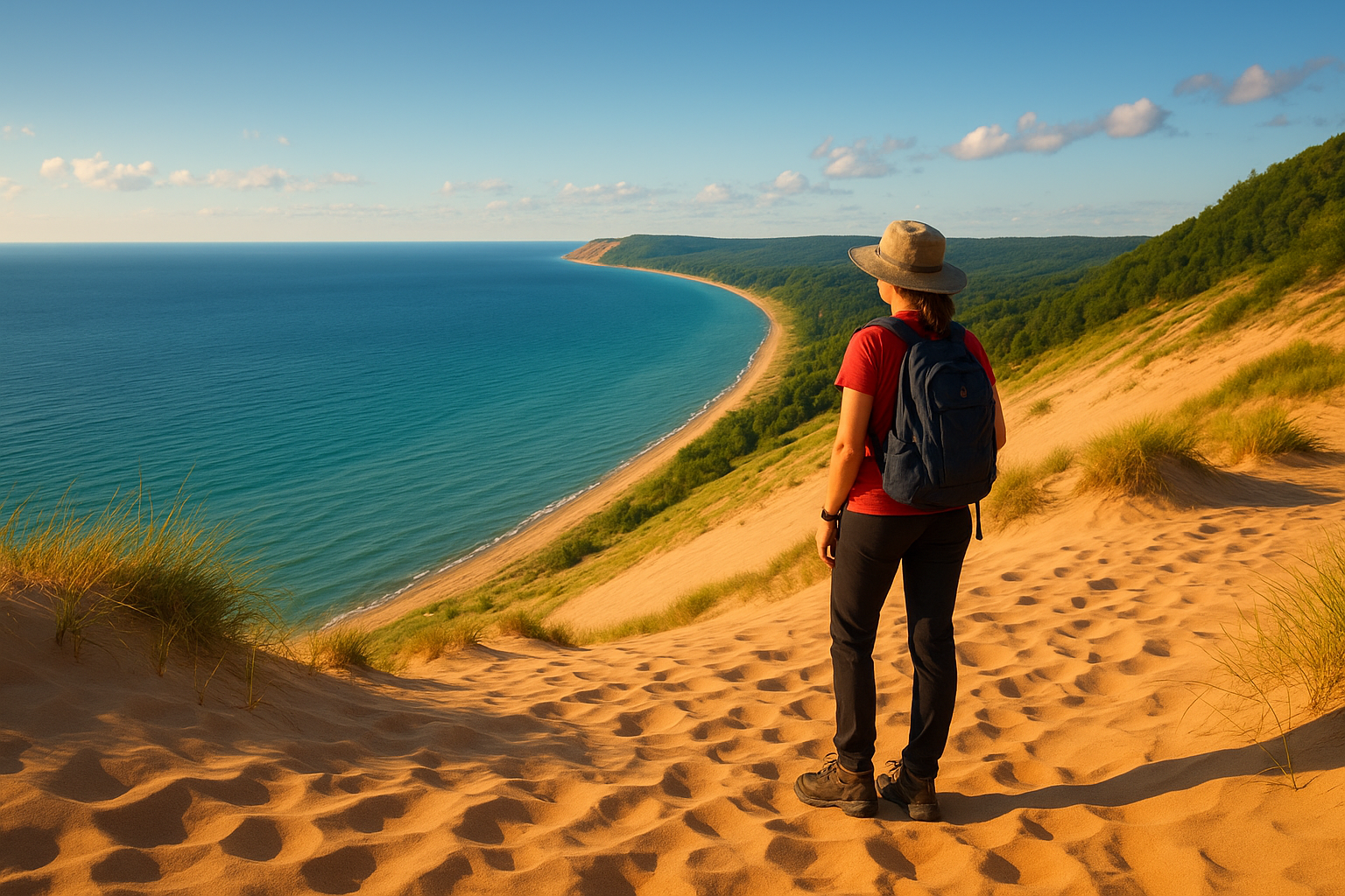 A person with a backpack and a hat standing on sandy dunes overlooking a coastline with a beach, green hills, and a blue Lake Michigan under a partly cloudy sky.
