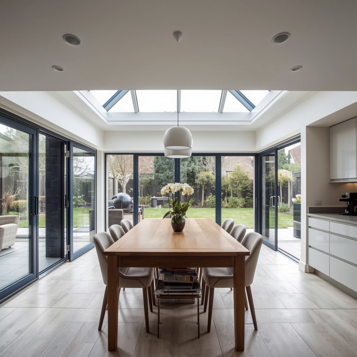 Large open plan kitchen diner space, well lit, with vaulted ceiling and large skylight in centre, bifold doors, and a large dining table and chairs in the centre
